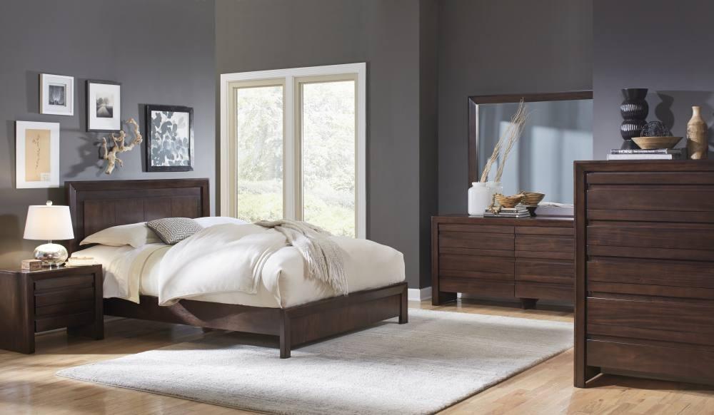 

    
Dark Chocolate Finish Platform King Bedroom Set 4Pcs ELEMENT by Modus Furniture
