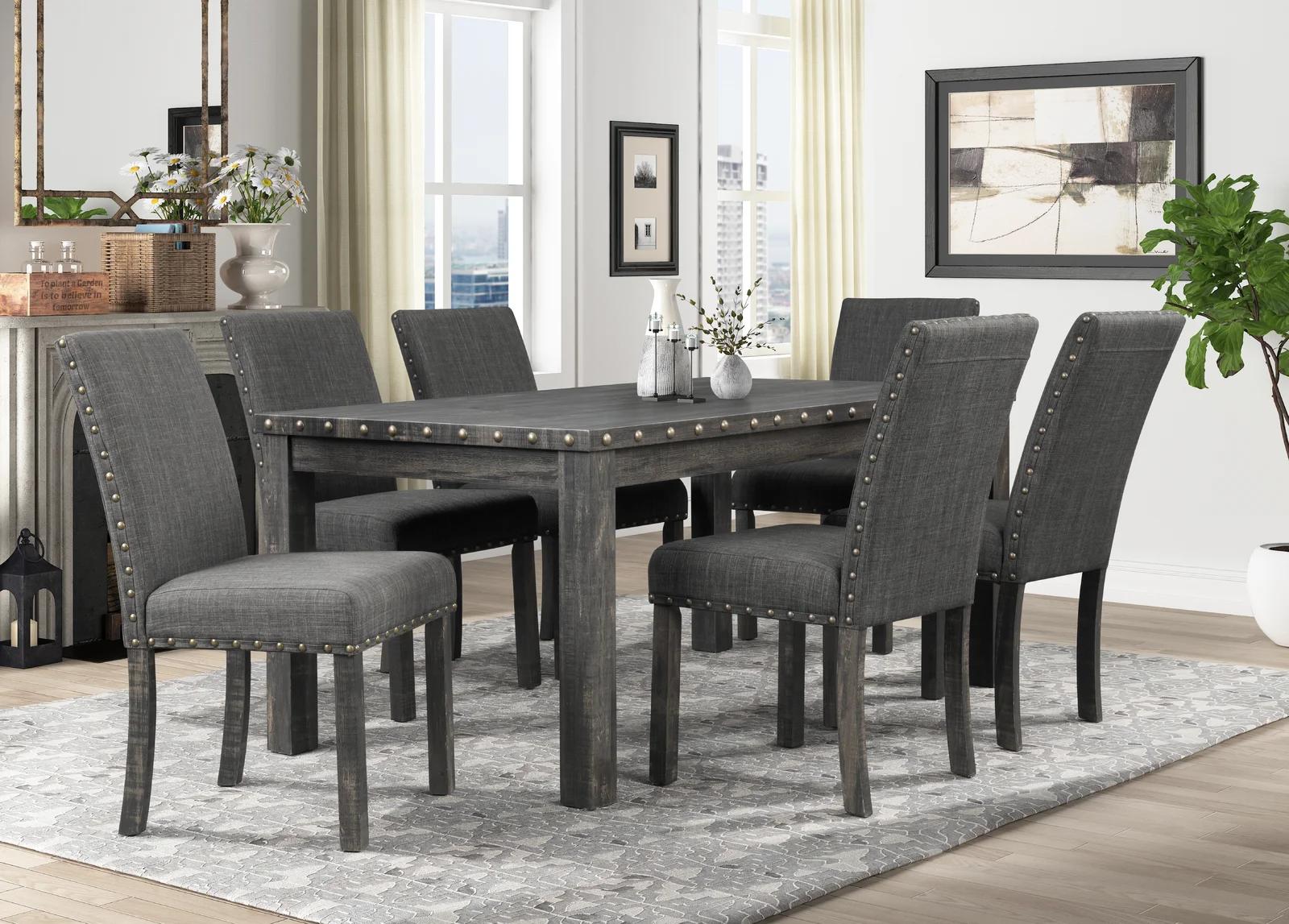 Traditional Dining Room Set D806 D806-7PC in Gray Fabric