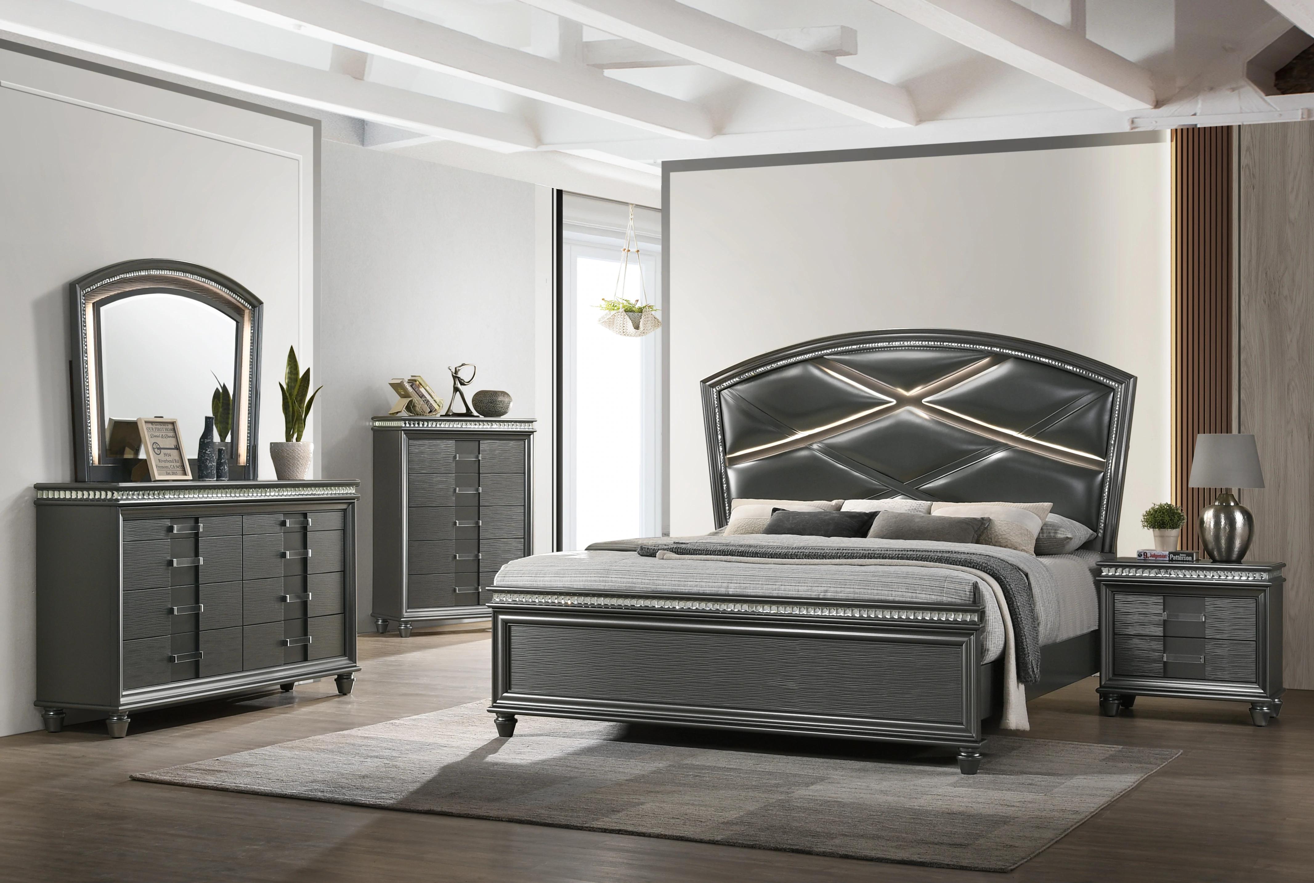 Modern Panel Bedroom Set Adira B7880-K-Bed-5pcs in Dark Gray PU