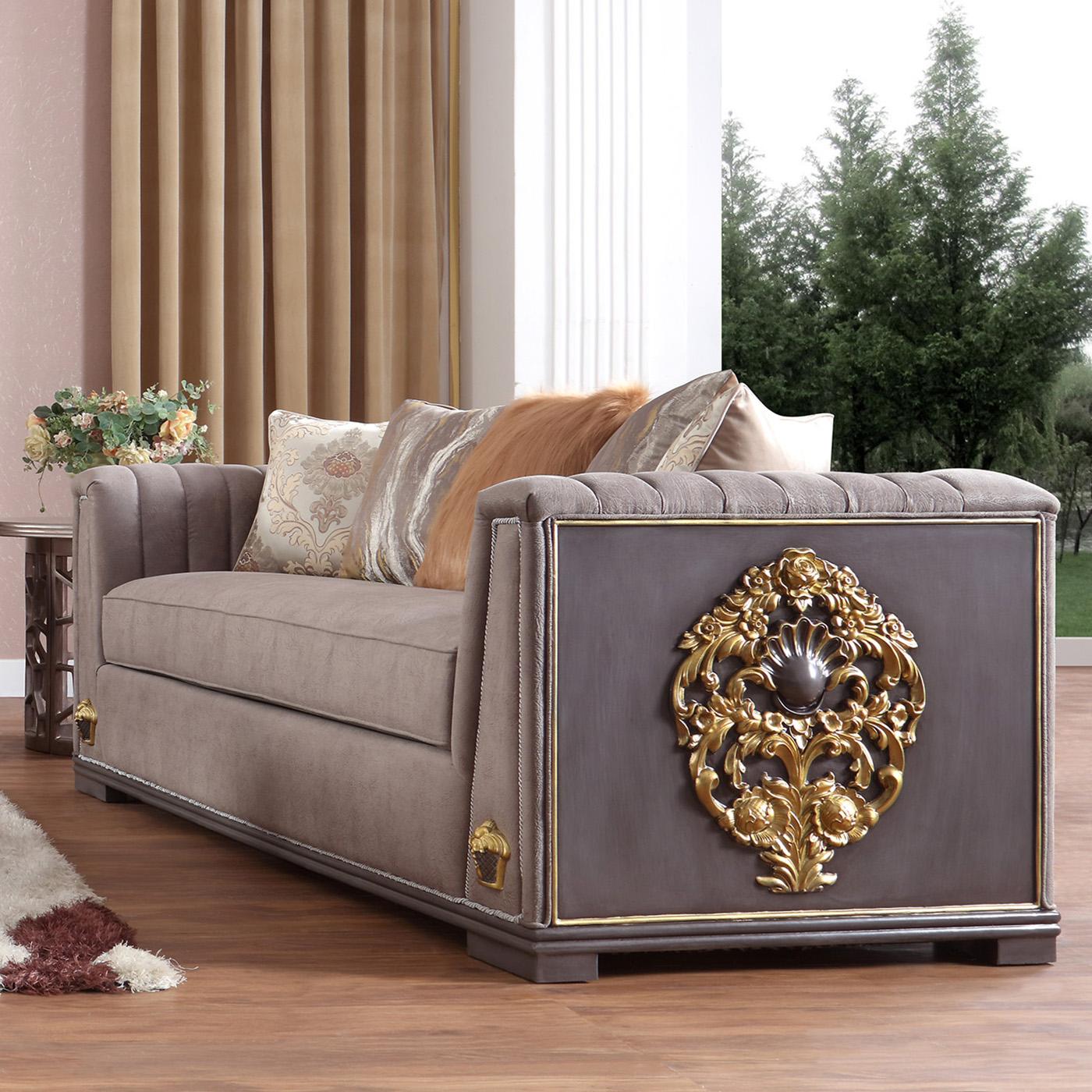 

    
Dark Gray Pearl Fabric & Gold Finish Sofa Set 2Pcs Traditional Homey Design HD-6024-1
