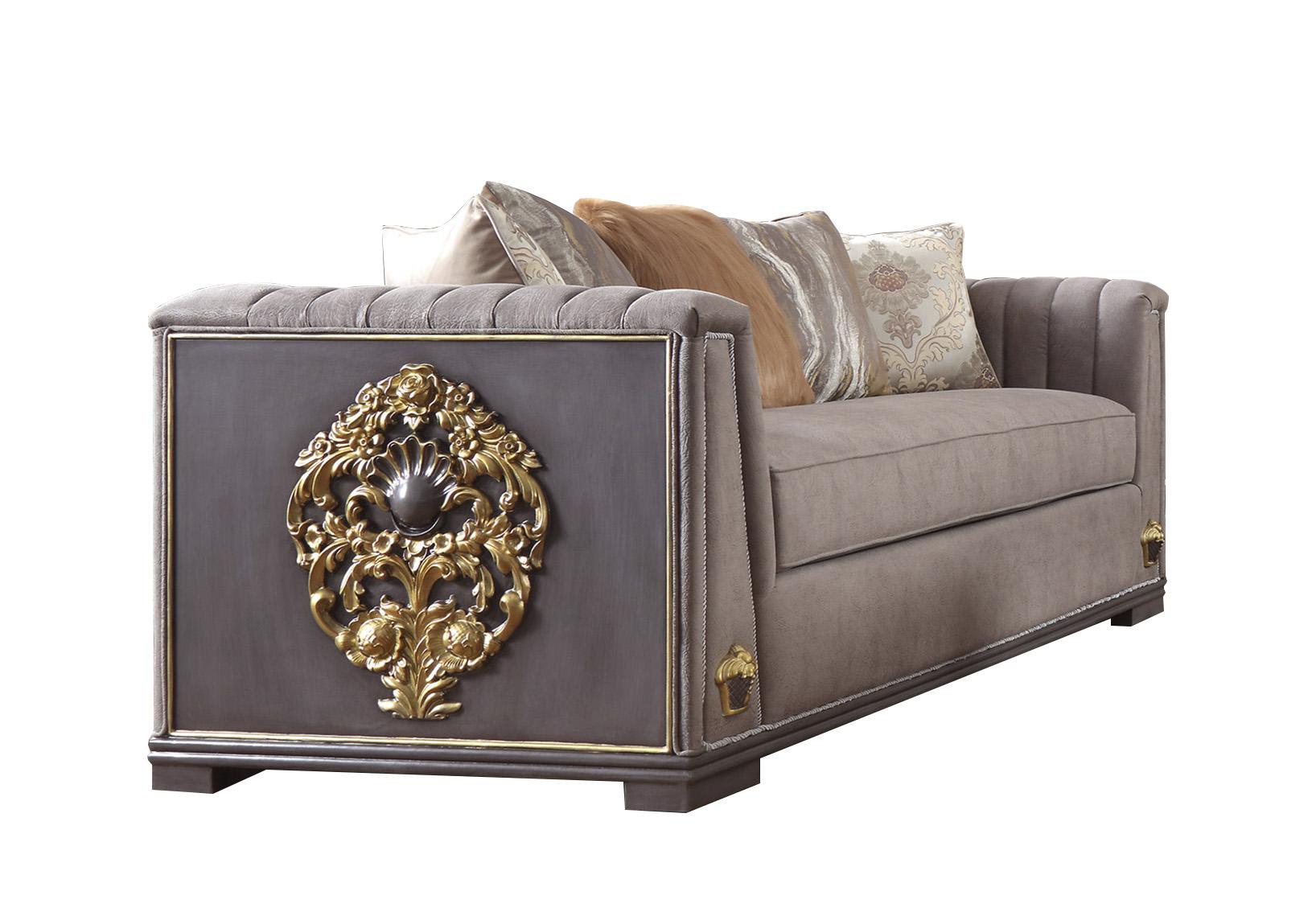 

    
Dark Gray Pearl Fabric & Gold Finish Sofa Traditional Homey Design HD-6024-1

