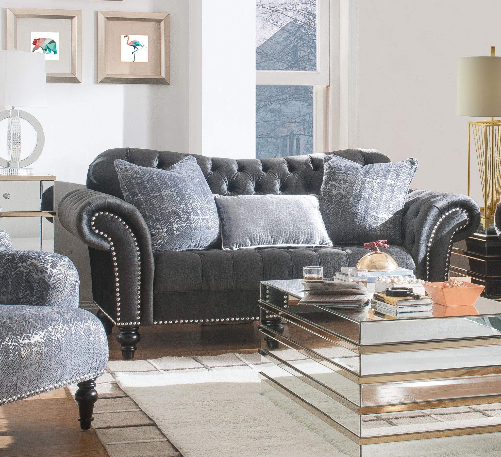 Dark Grey Velvet Tufted Sofa Set 2pcs