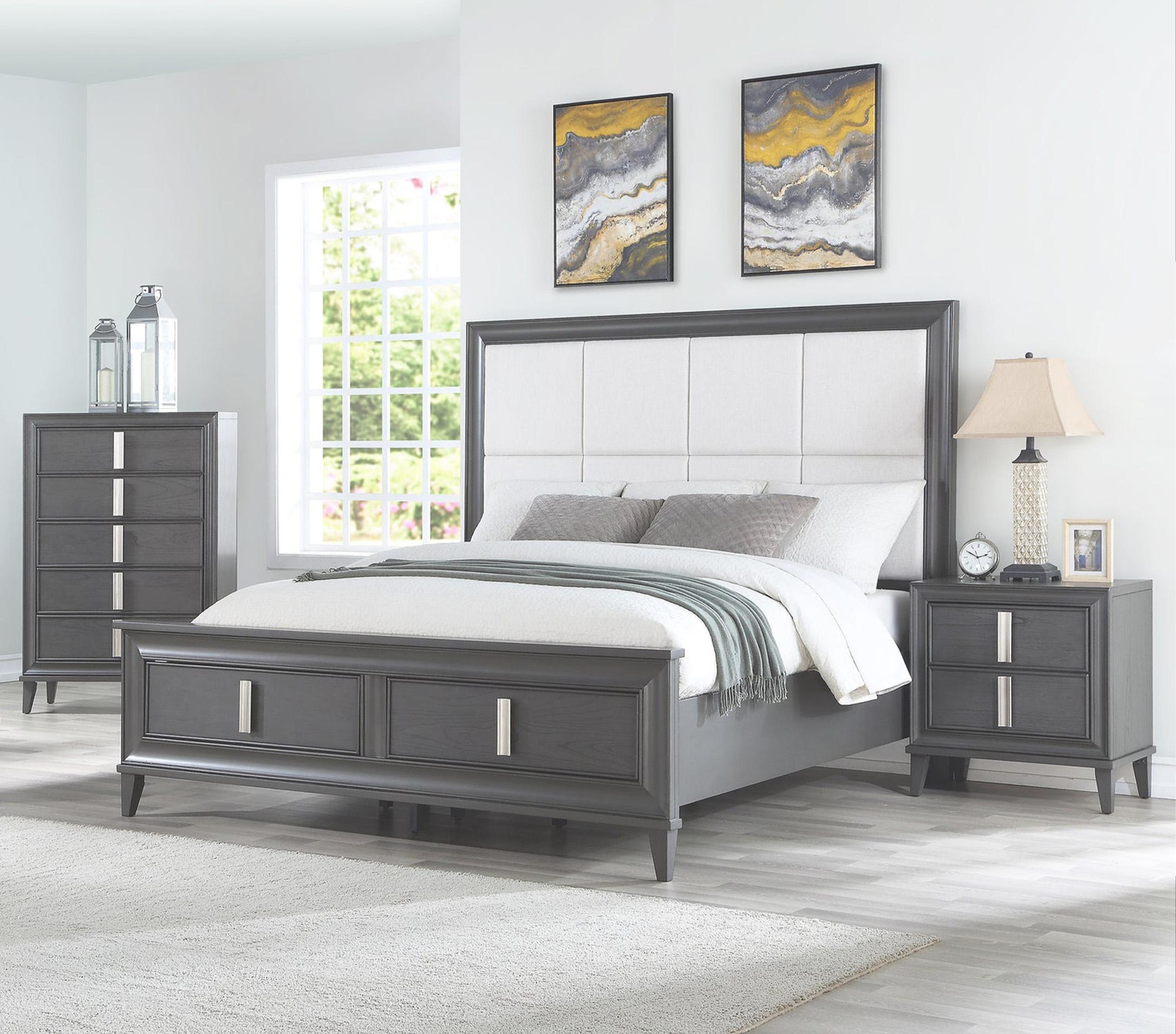 Contemporary, Modern Storage Bedroom Set LORRAINE 8171-07EK-Set-3 in Dark Gray, Cream Fabric