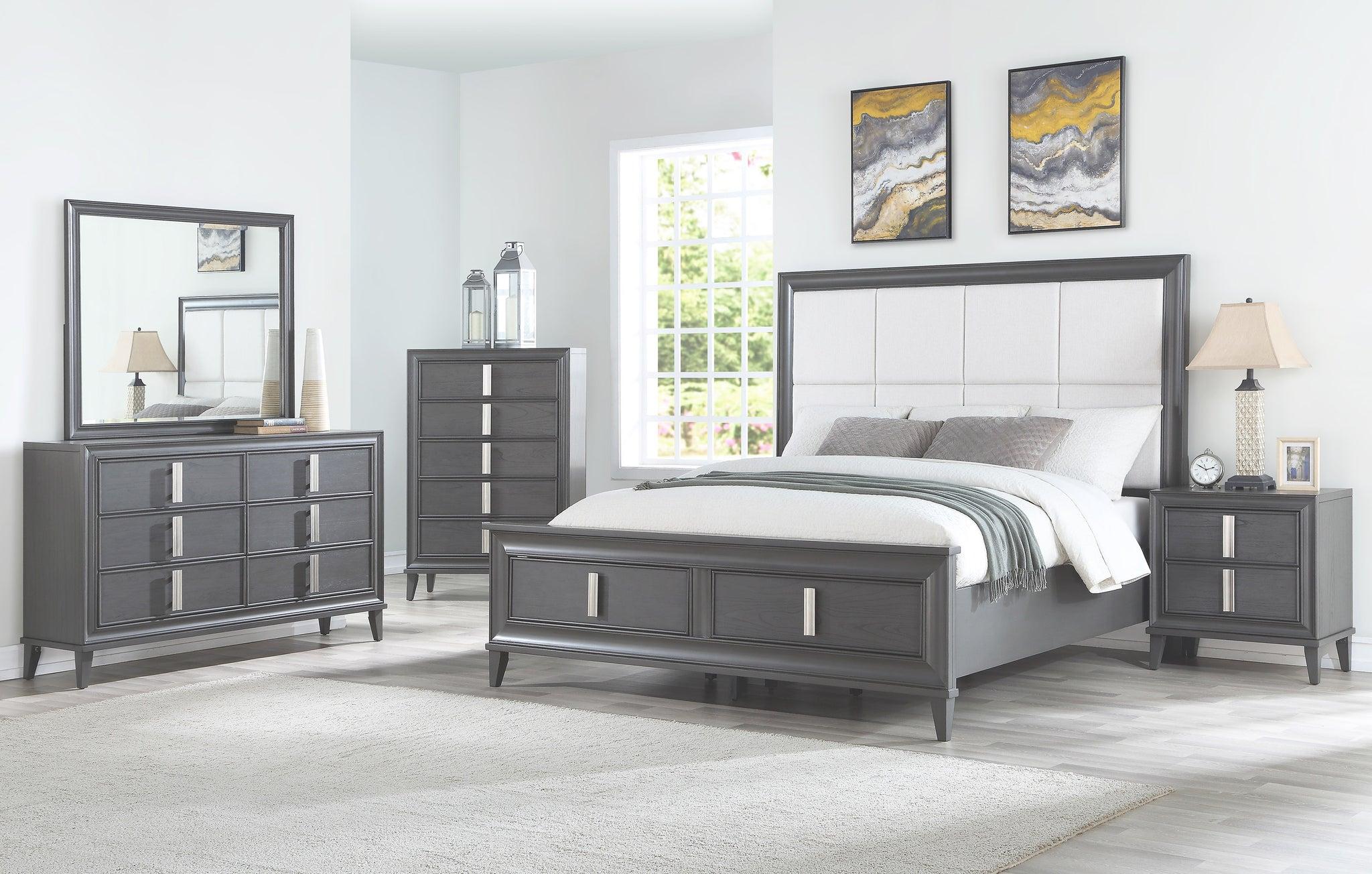 Contemporary, Modern Storage Bedroom Set LORRAINE 8171-07EK-Set-5 in Dark Gray, Cream Fabric