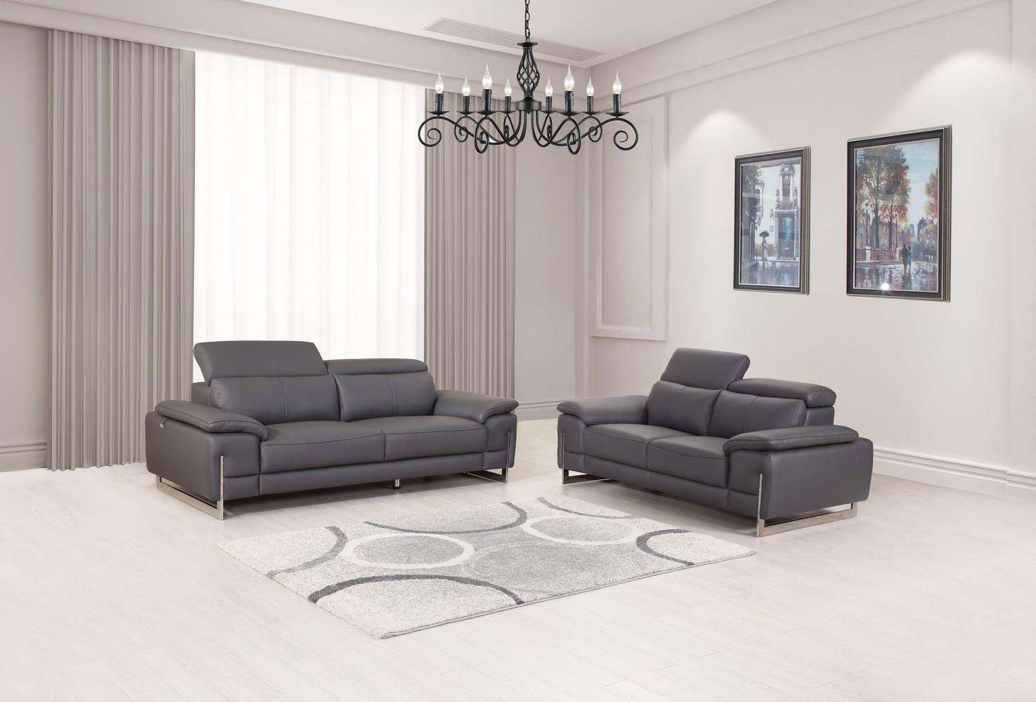 Contemporary Sofa Loveseat 636 636-DARK-GRAY-2PC in Dark Gray Italian Leather
