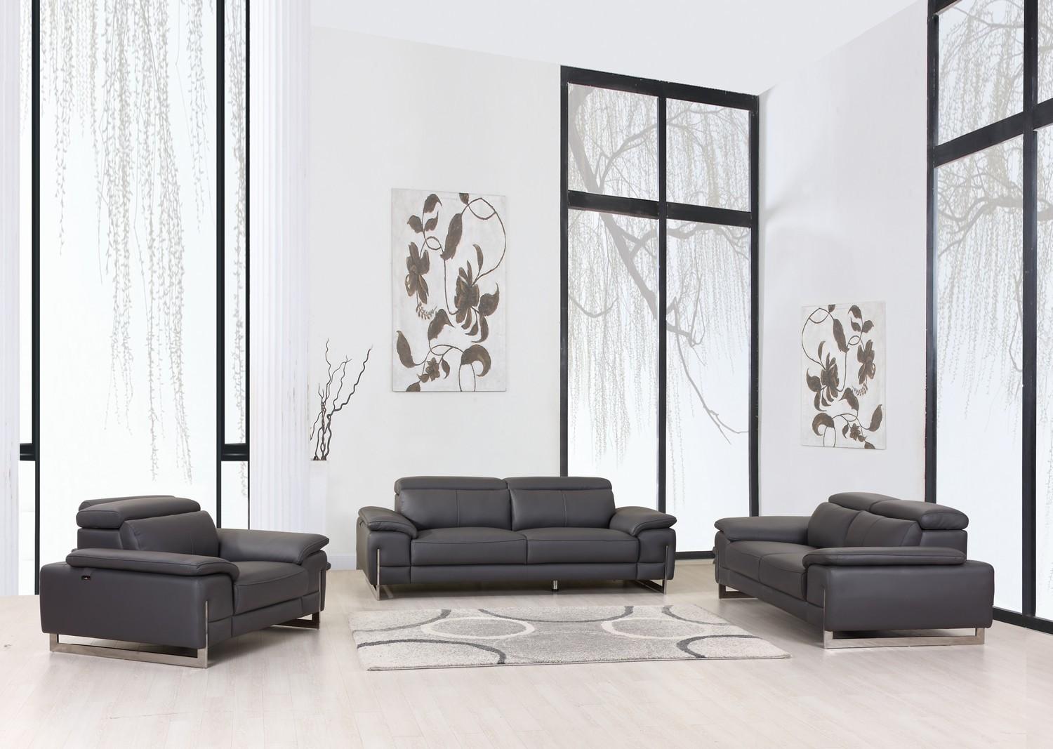 Contemporary Sofa Loveseat and Chair Set 636 636-DARK-GRAY-3-PC in Dark Gray Italian Leather