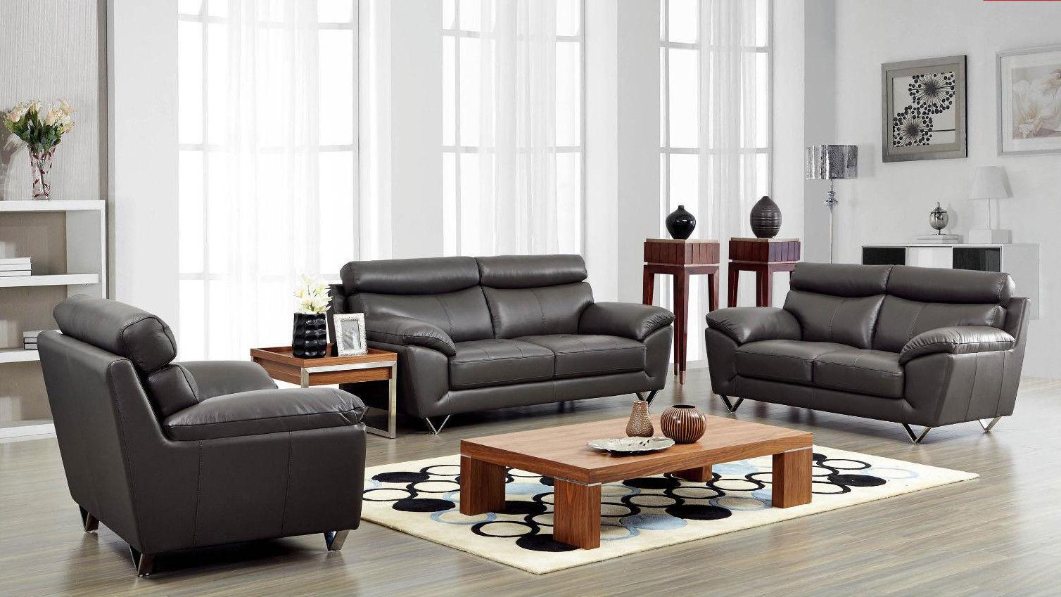Modern Sofa Loveseat and Chair Set LH2009-S/L/C LH2009-Sofa Set-3 in Dark Gray Leather