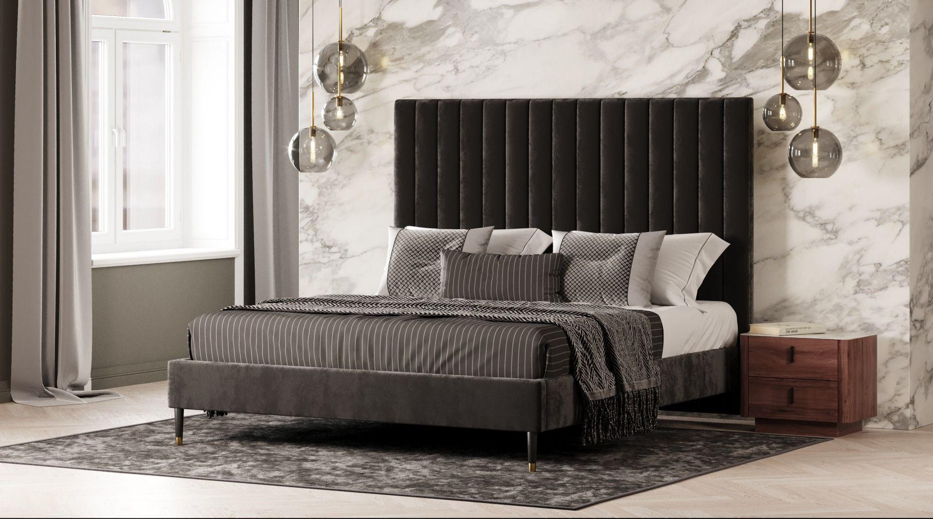 Contemporary, Modern Panel Bedroom Set Hemlock VGKKB606-GRY-Q-3pcs in Black Velvet