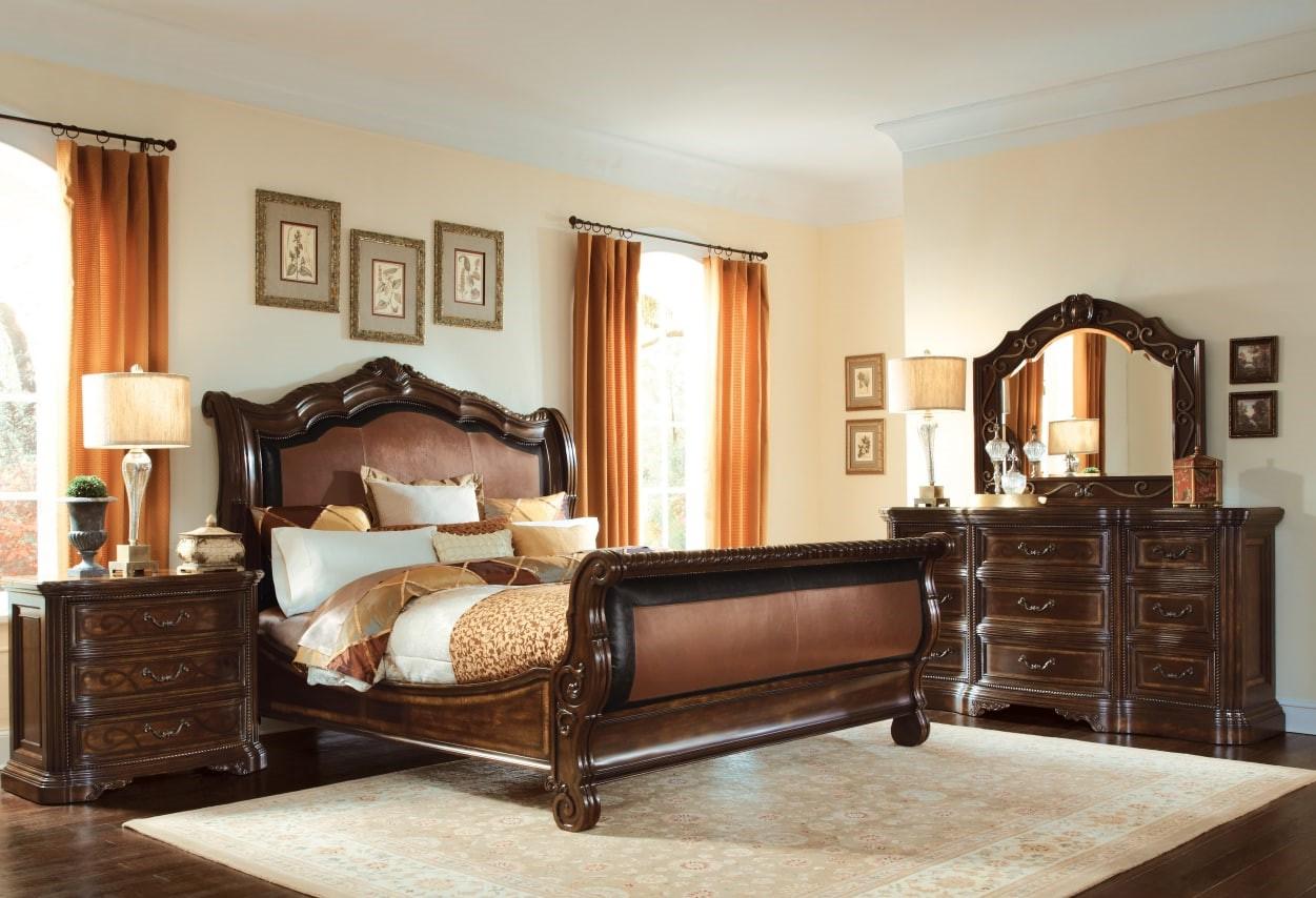 Traditional Sleigh Bedroom Set Valencia 209145-2304-BR-2NDMC-6PCS in Dark Oak Faux Leather