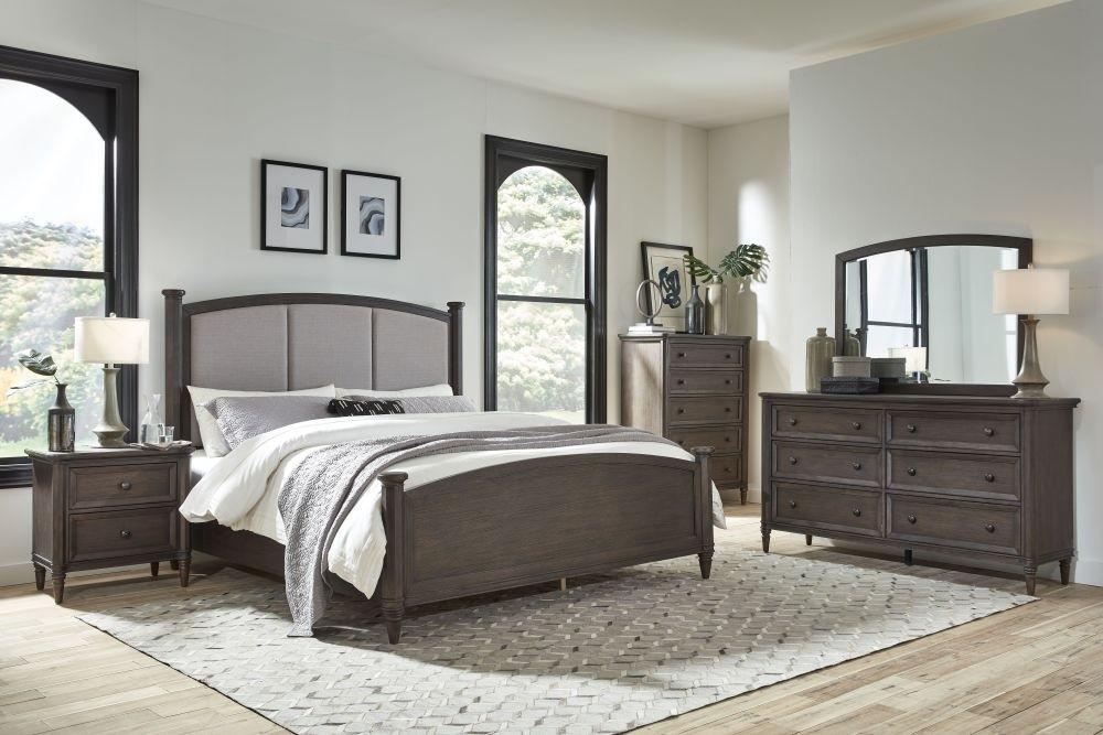 

    
Dark Roast Finish Upholstered Queen Bedroom Set 5Pcs w/Chest SOPHIE by Modus Furniture
