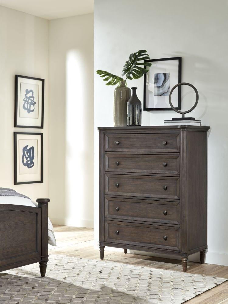 

    
 Order  Dark Roast Finish Upholstered Queen Bedroom Set 5Pcs w/Chest SOPHIE by Modus Furniture
