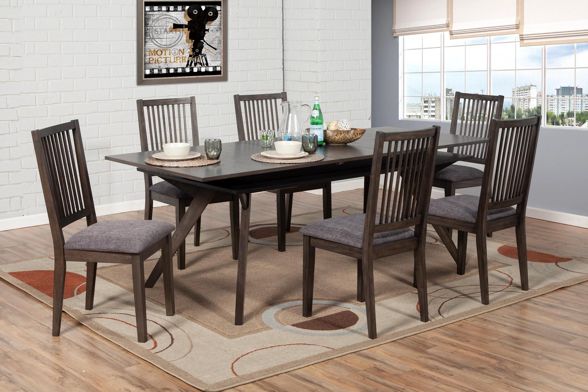 Casual, Transitional Dining Table Set LENNOX 5164-01-Set-7 in Tobacco, Gray Fabric