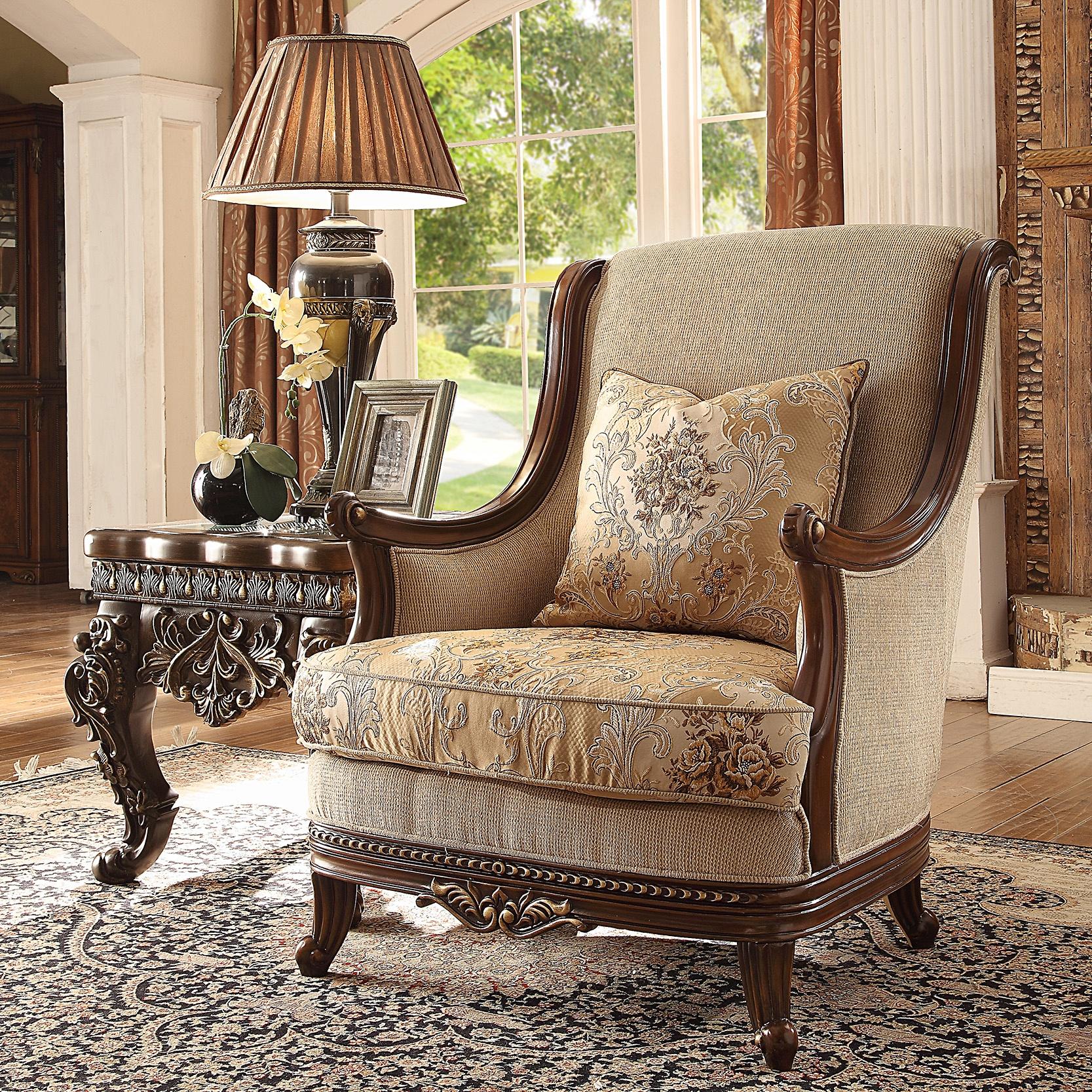 Traditional Arm Chairs HD-92 HD-C92 in Dark Walnut, Brown, Beige Fabric