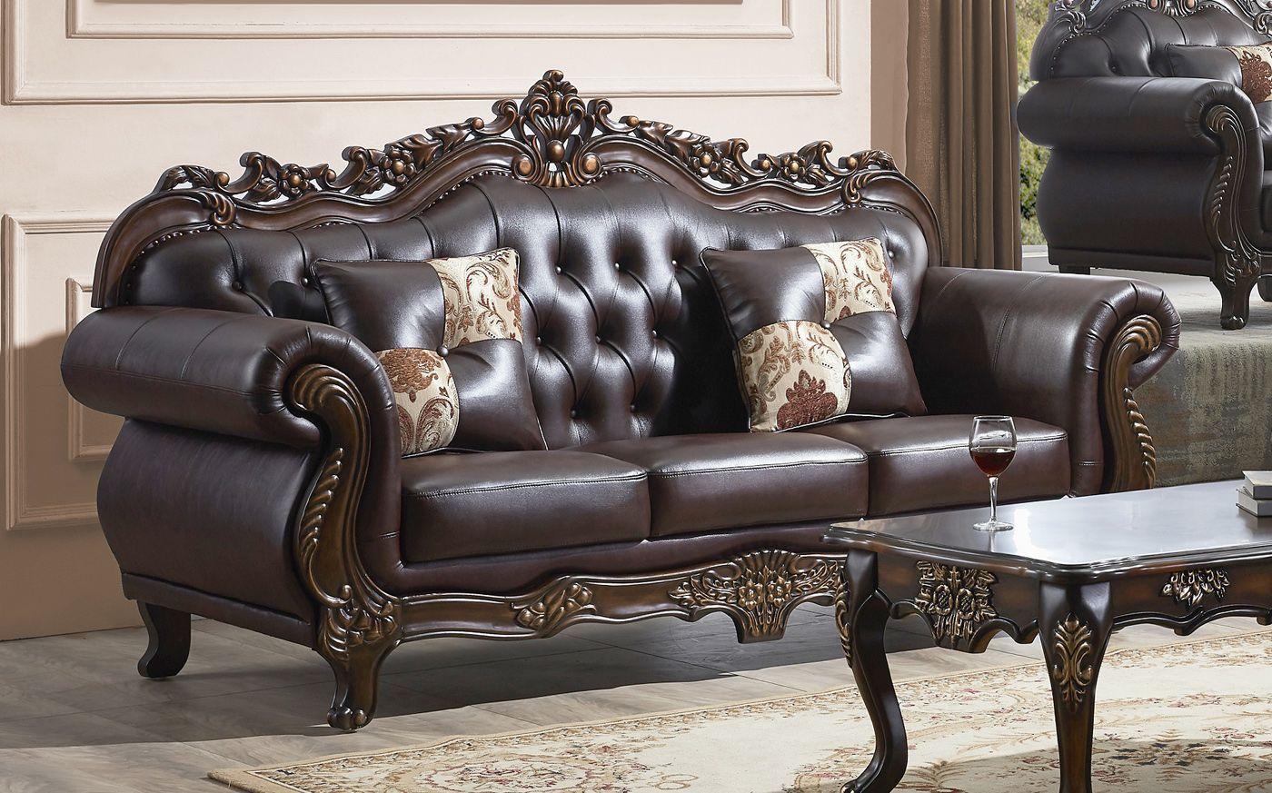 

    
Dark Walnut Bonded Leather Carved Wood Sofa Traditional McFerran SF2268
