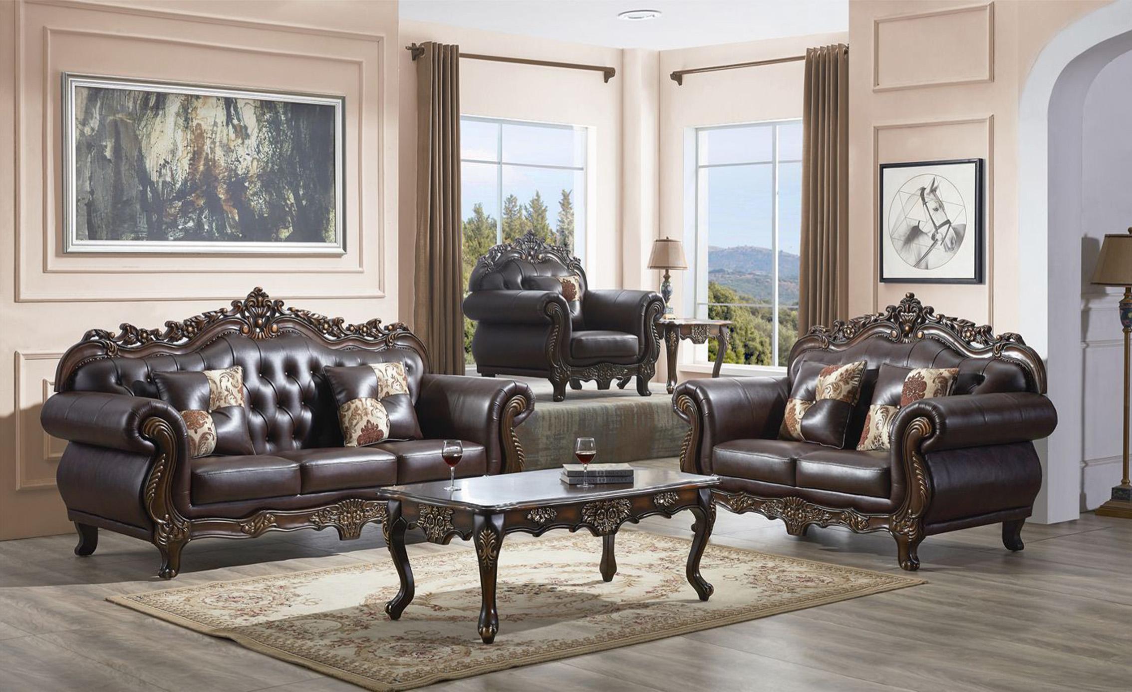 

    
Dark Walnut Bonded Leather Carved Wood Sofa Set 3Pcs Traditional McFerran SF2268
