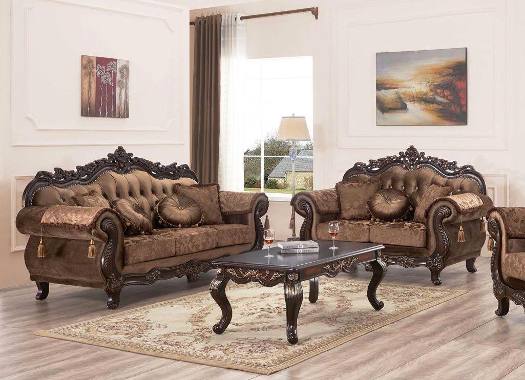 Dark Walnut Carved Wood Sofa Set 2pcs Traditional Mcferran Sf2267