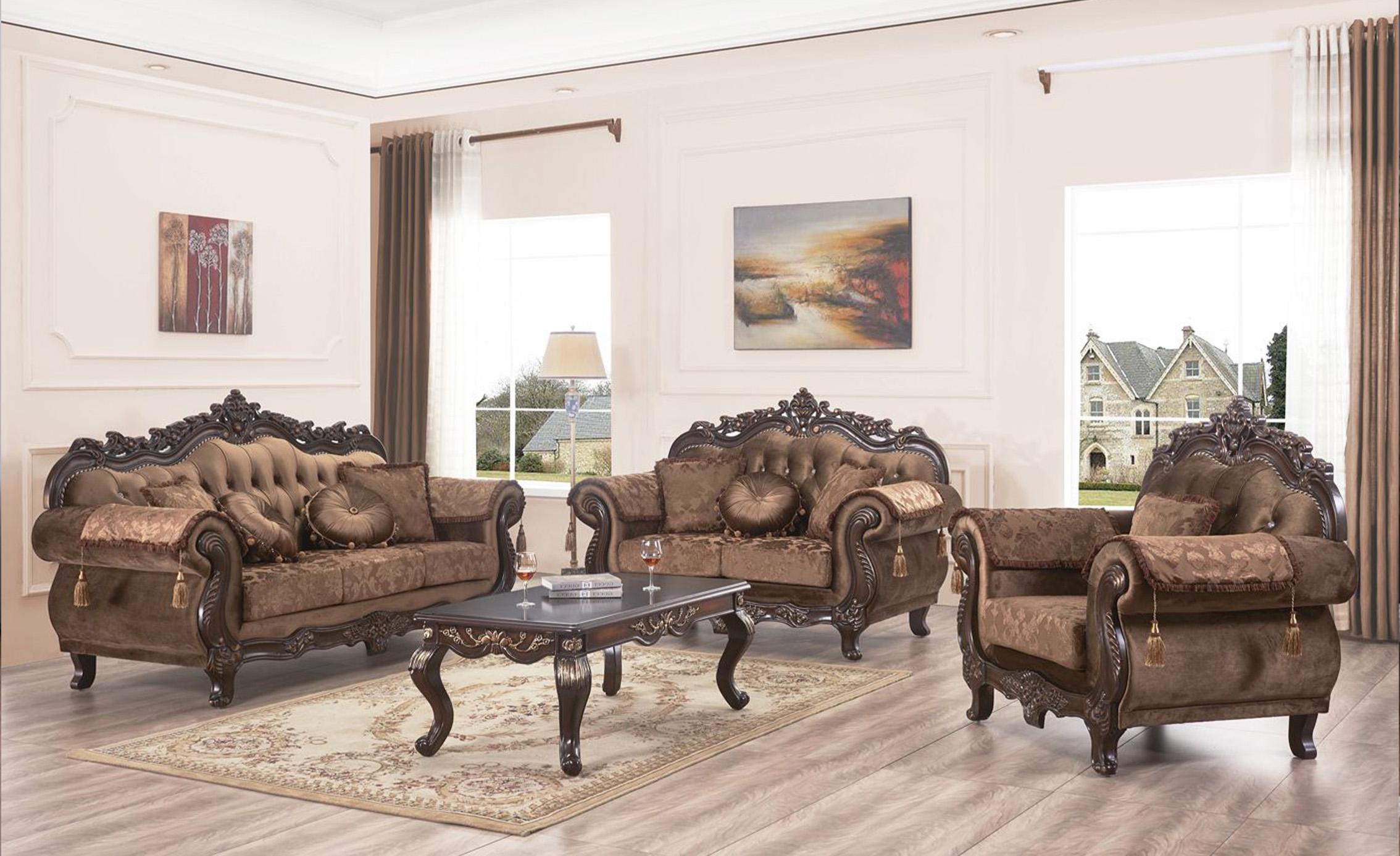 Dark Walnut Carved Wood Sofa Set 3pcs Traditional Mcferran Sf2267