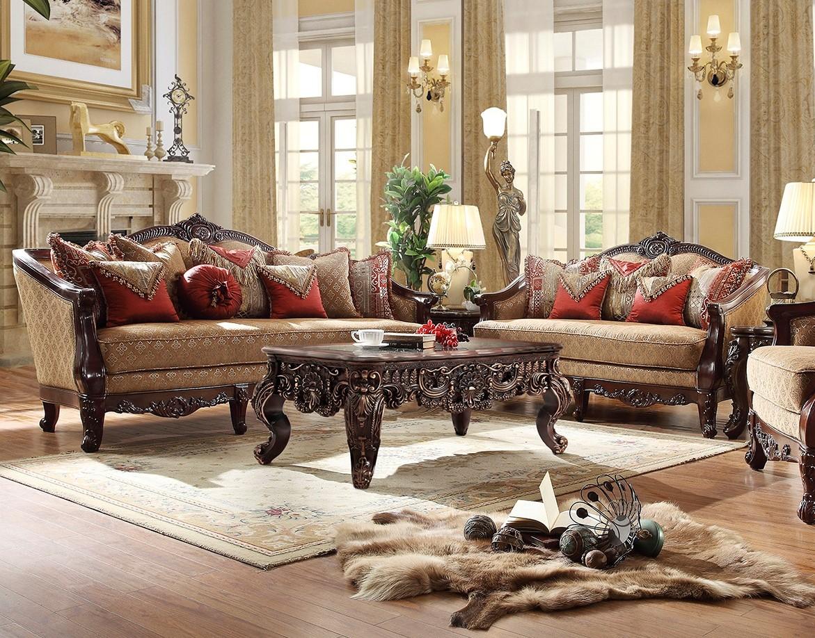 Traditional Sofa and Loveseat HD-2655 HD-2655-2PC in Dark Walnut, Brown Fabric