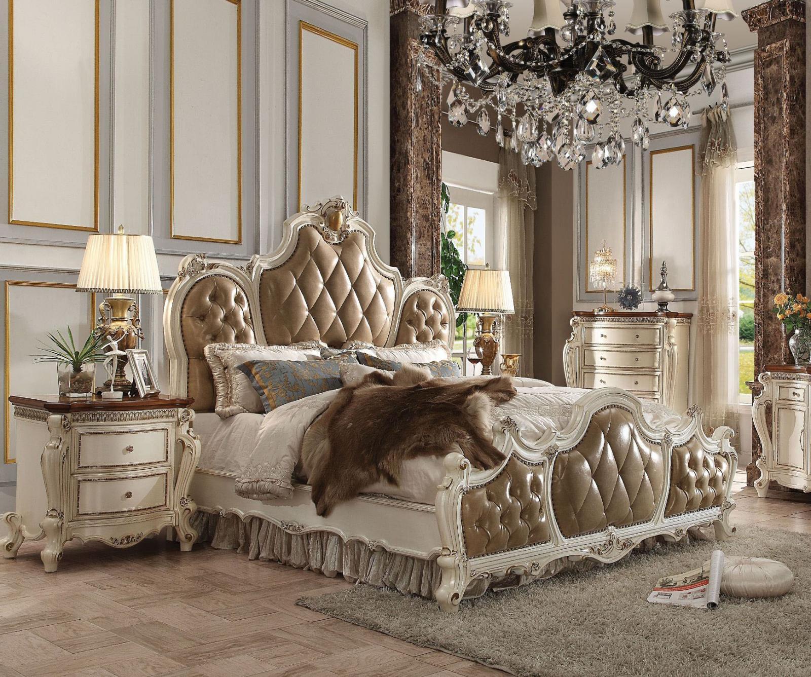 Classic, Traditional Panel Bedroom Set SKU: W001411303 SKU: W001411303-EK-3 in Pearl, Antique, Brown Polyurethane