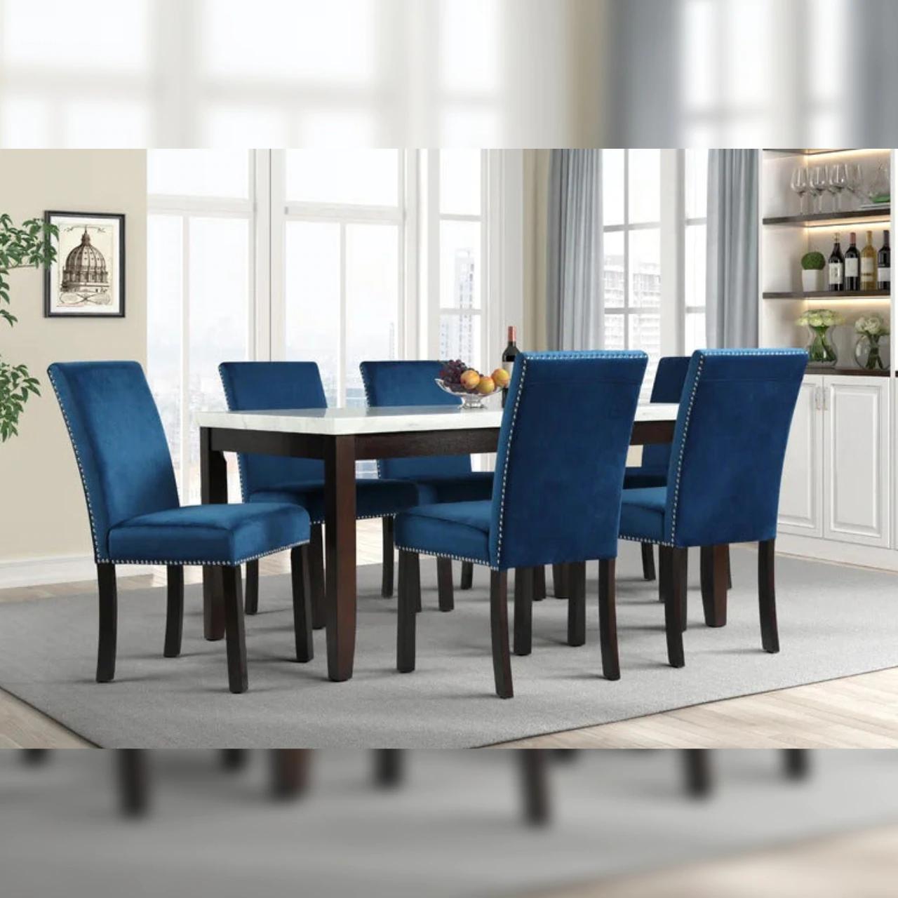 Modern Dining Room Set D805-T D805-T-7PC in White, Brown, Blue Fabric