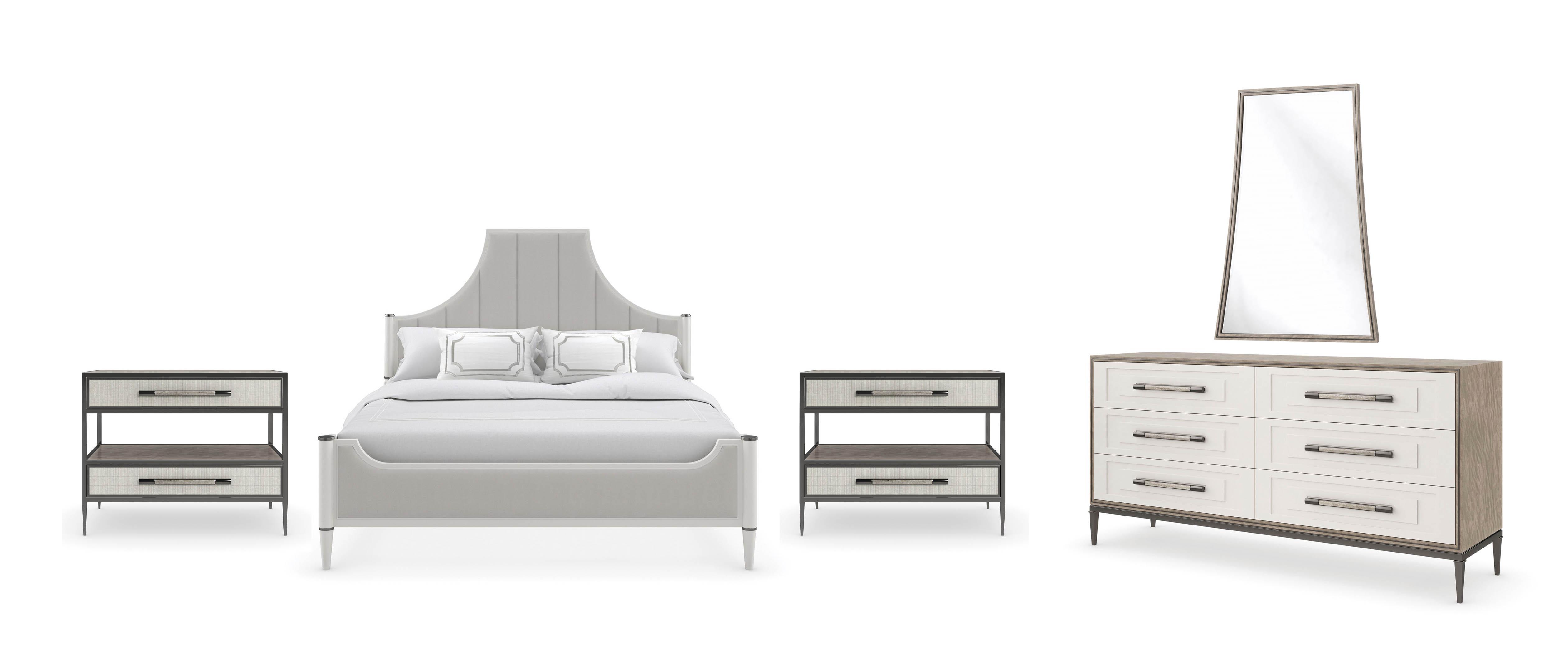 Contemporary Platform Bedroom Set TO POST OR NOT TO POST-KING / DUAL IMPRESSIONS / IMPRESSIVE / FIRST IMPRESSION CLA-021-143-Set-5 in Pearl, Gray Fabric