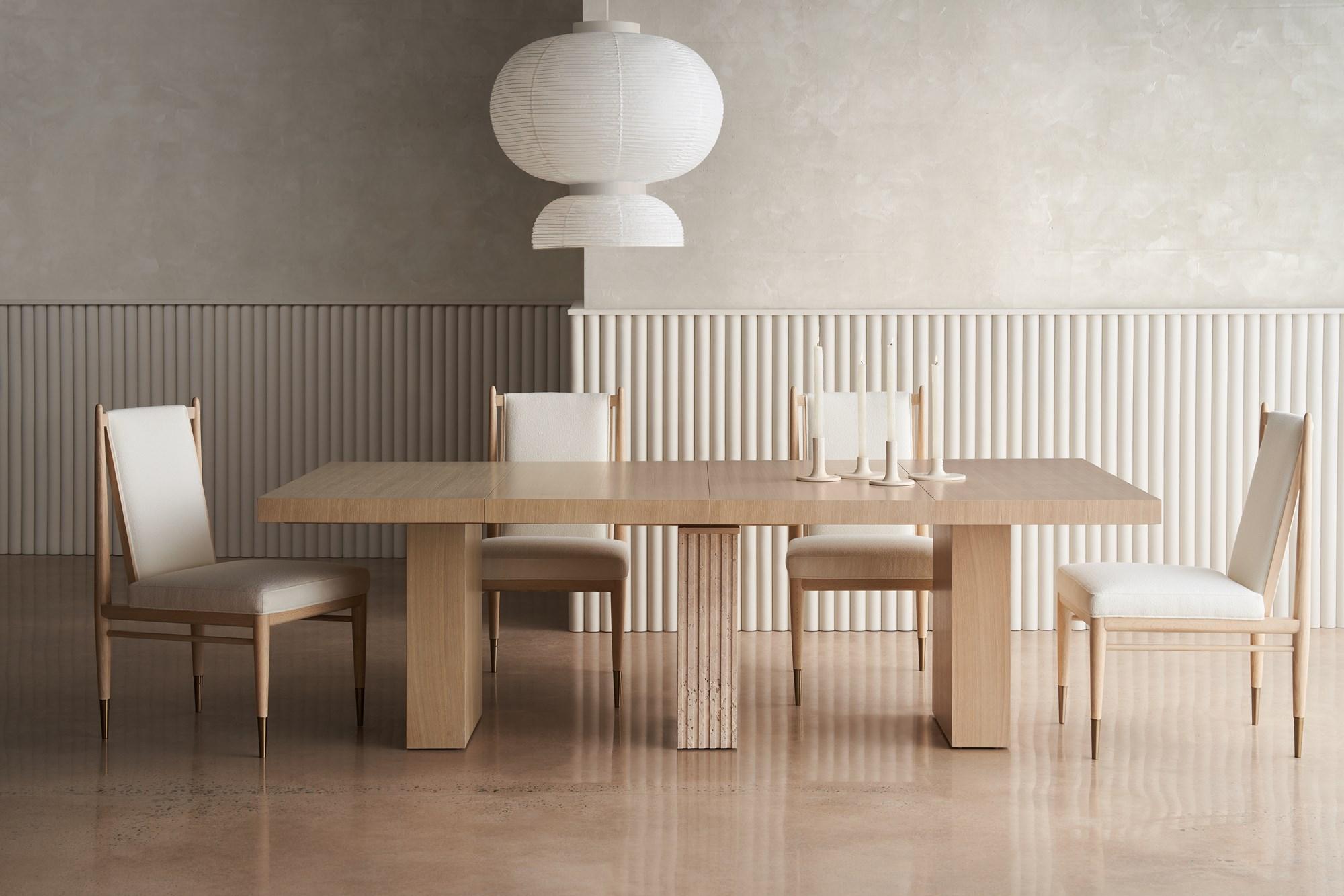 

    
 Order  Drenched Oak & Open Pore Travertine UNITY LIGHT DINING TABLE by Caracole
