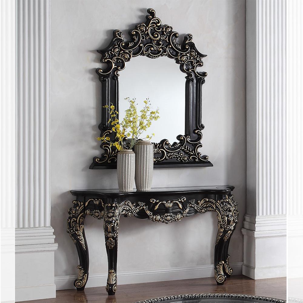 Traditional Console Table and Mirror Set HD-328B HD-M328B-2PC in Gold, Black 