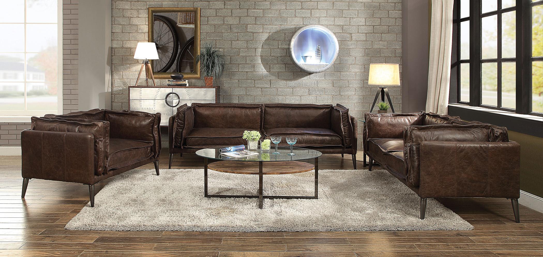 Contemporary,  Vintage Sofa Loveseat and Chair Set SKU: AHST6015 SKU: AHST6015 in Chocolate, Brown Top grain leather
