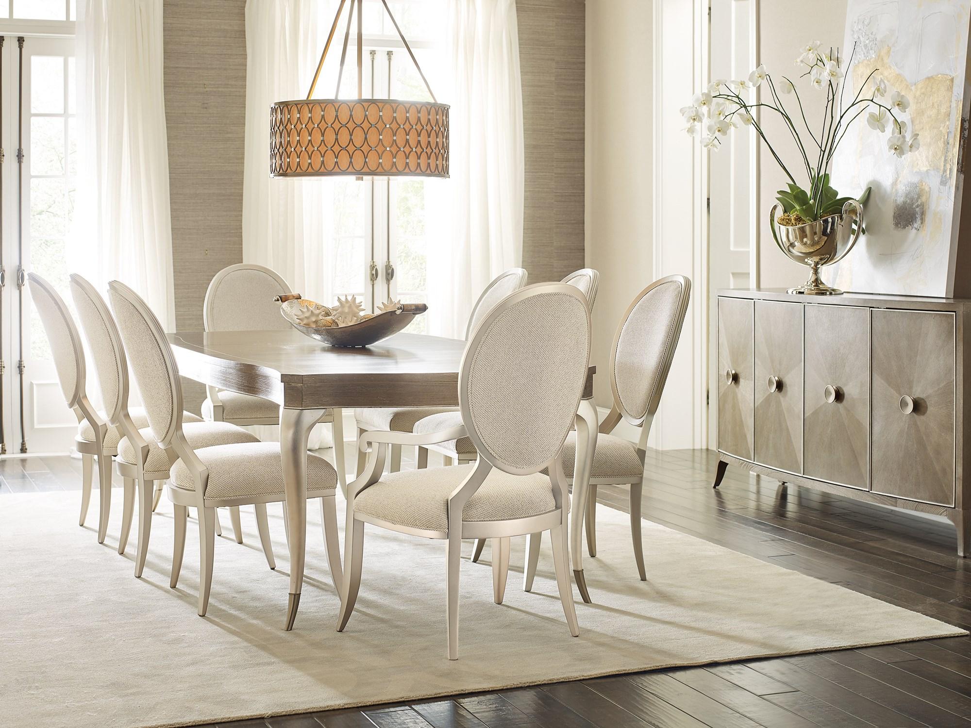 

    
Elegant Linen & Soft Silver Paint AVONDALE RECTANGLE DINING TABLE Set 10 Pcs by Caracole
