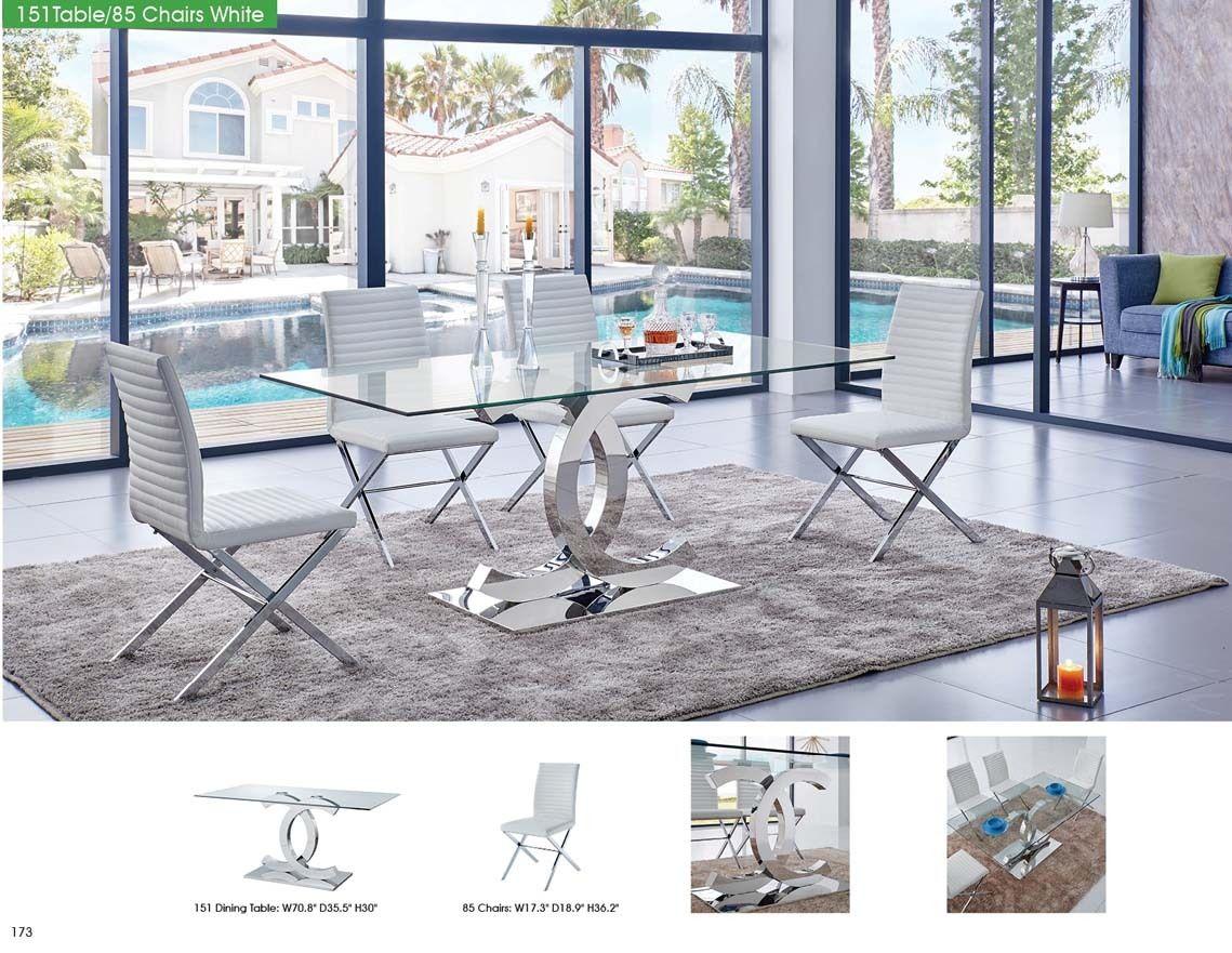 

    
ESF 151 Modern Dining Table w/Clear Glass Top & 85 White Leather Chair Set 7 Pcs
