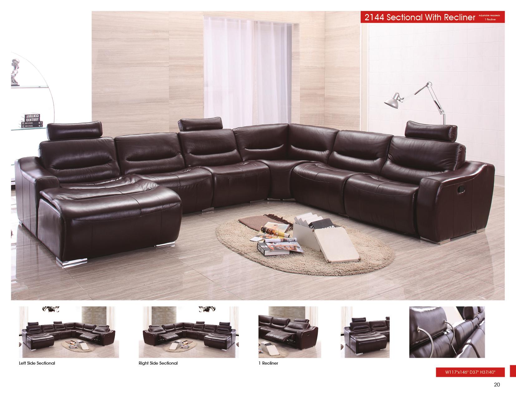 

    
Dark Brown Genuine Italian Leather Sectional w/1 Recliner LHC Contemporary ESF 2144
