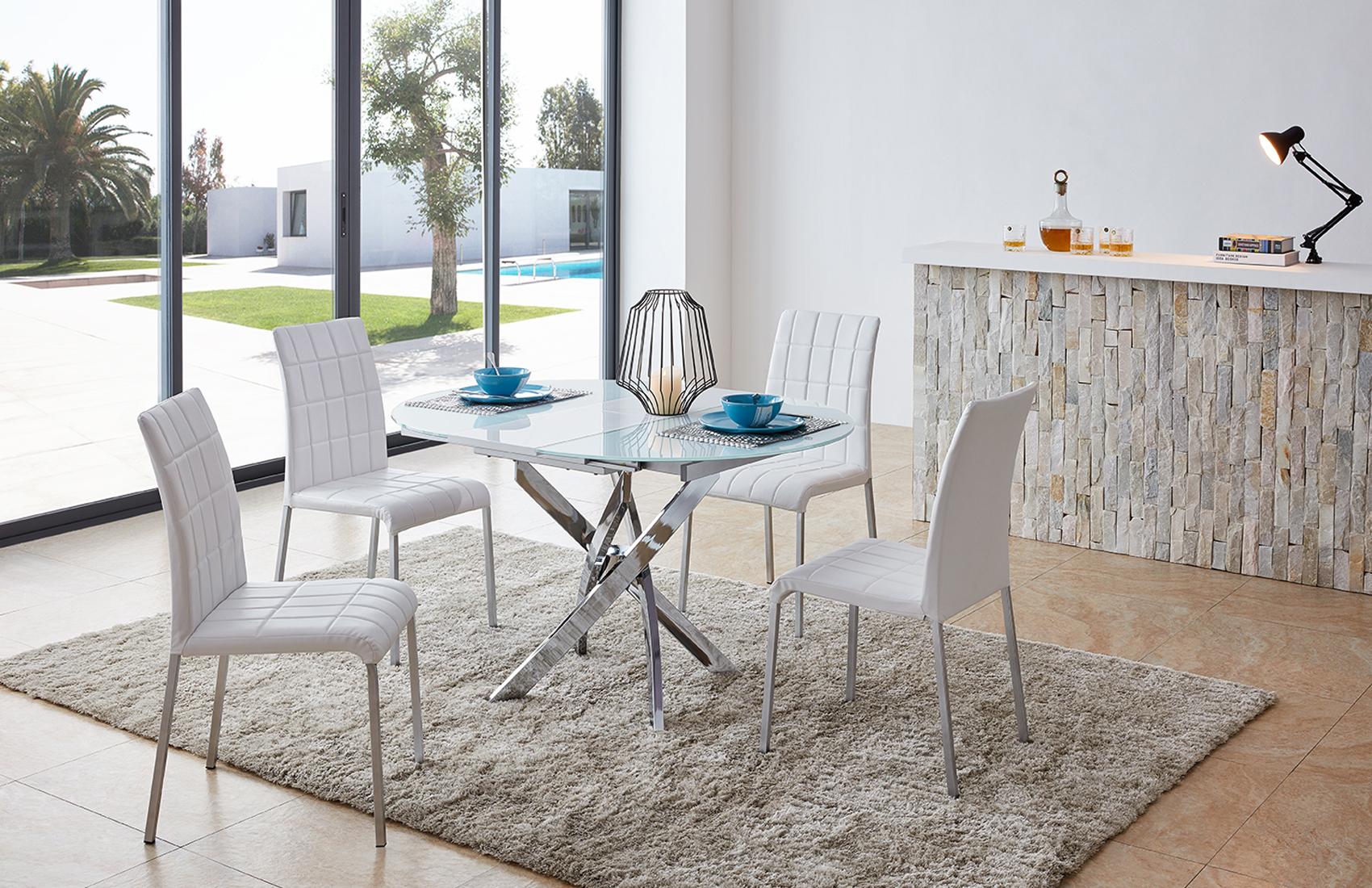 Contemporary, Modern Dining Table Set 2303 Table and 3450 Chairs 2303 -DT 3450-DC-5PC in White, Silver Eco Leather