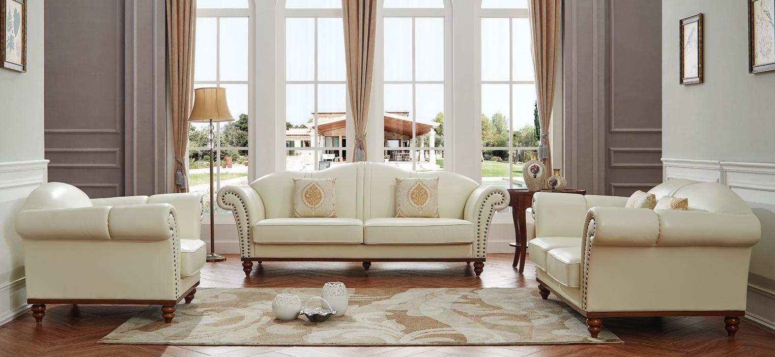 

    
ESF 2601 Ivory Modern Italian Leather Living Room Sofa Loveseat & Chair 3 Pcs
