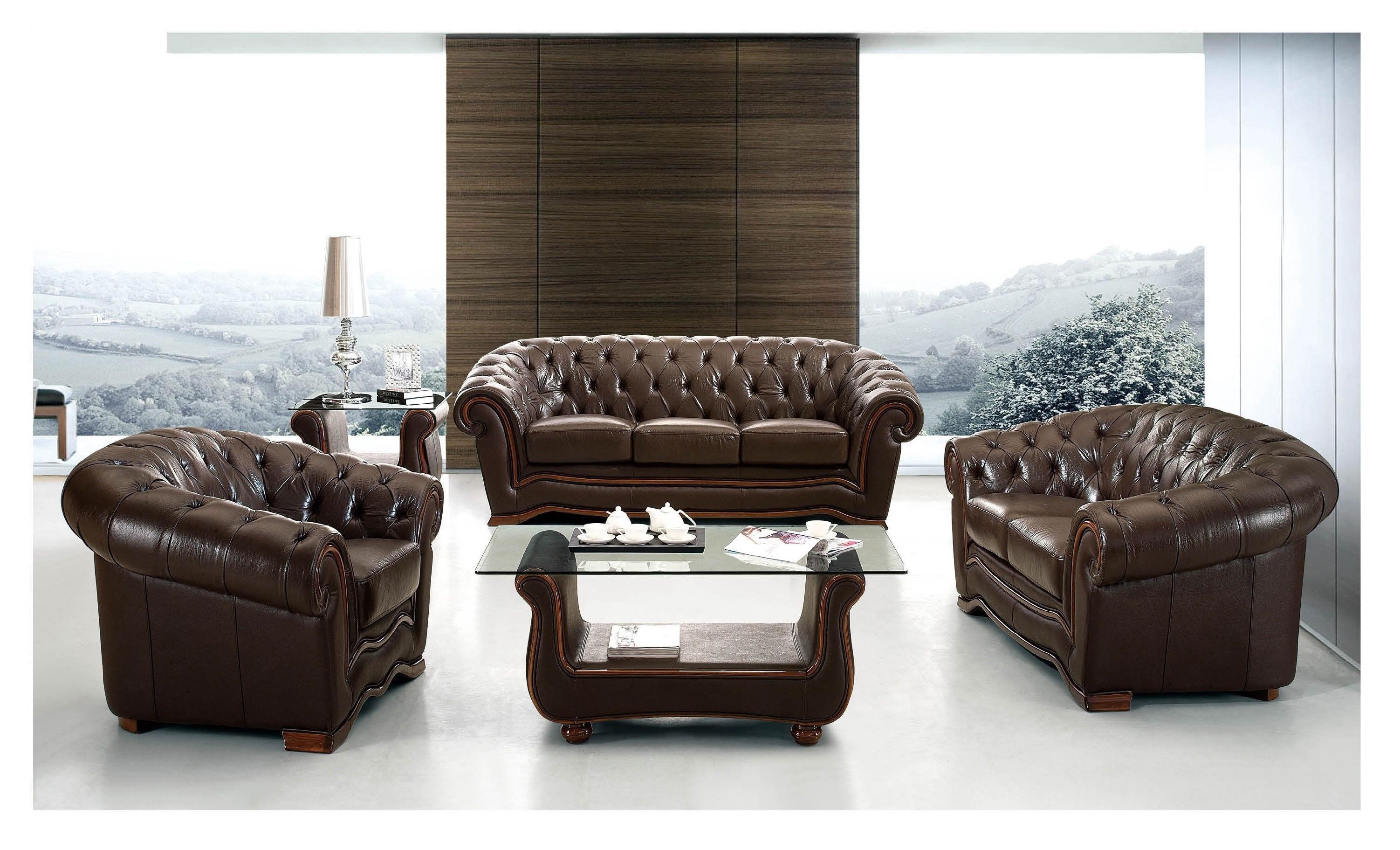 

    
Dark Brown Full Italian Leather Living Room Sofa Set 3Pcs Modern ESF 262
