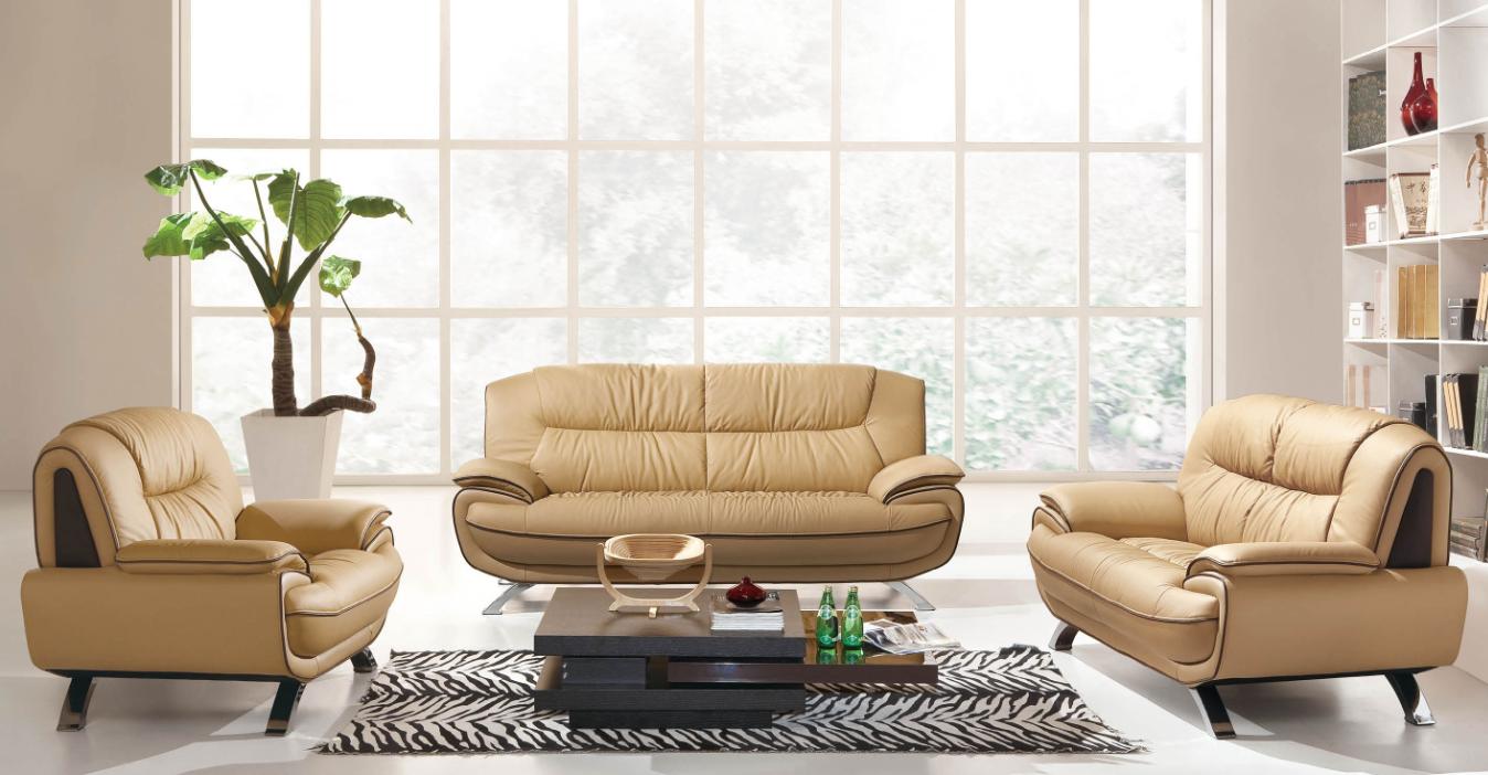 Contemporary Sofa Loveseat and Chair 405 ESF 405-3PC in Beige Genuine Leather