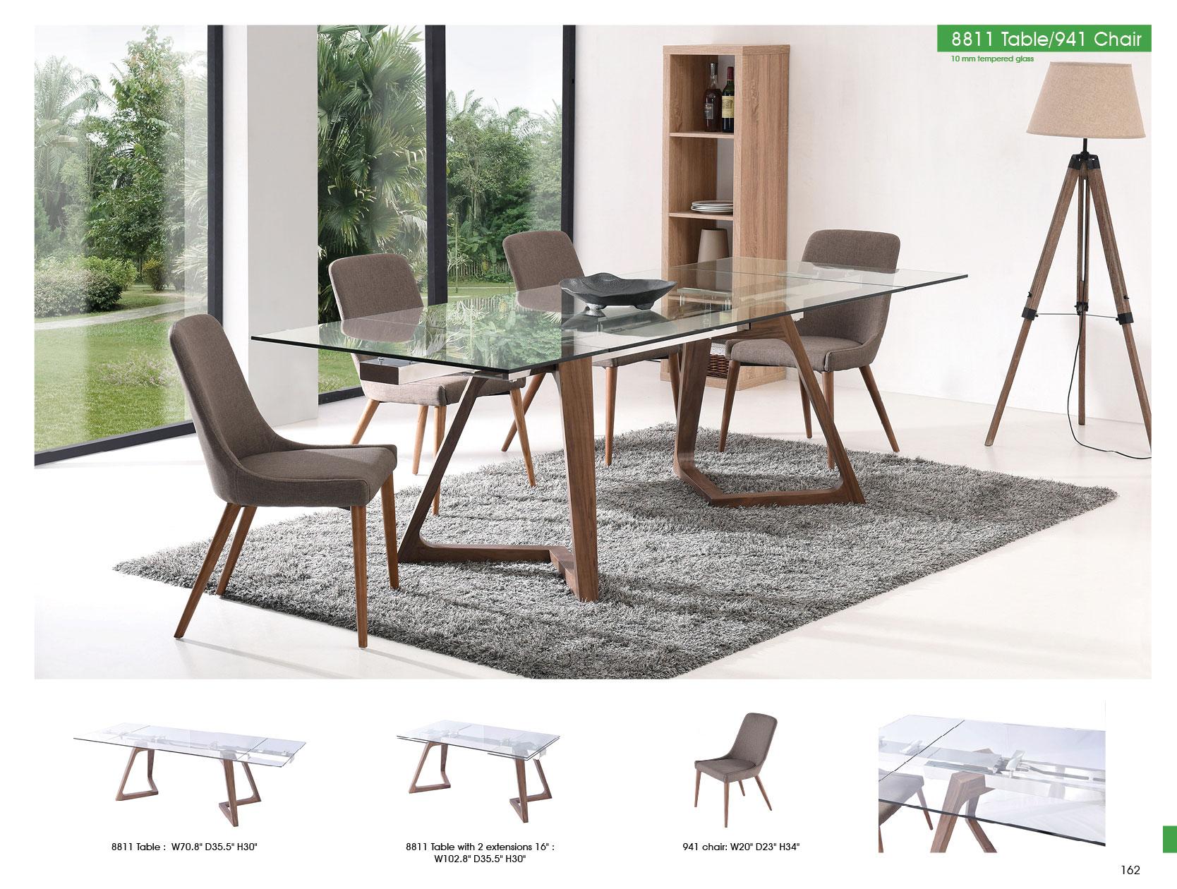 Contemporary Dining Table Set 8811 Table and 941 Chairs 8811-DT 941-DC-7PC in Walnut, Brown Fabric