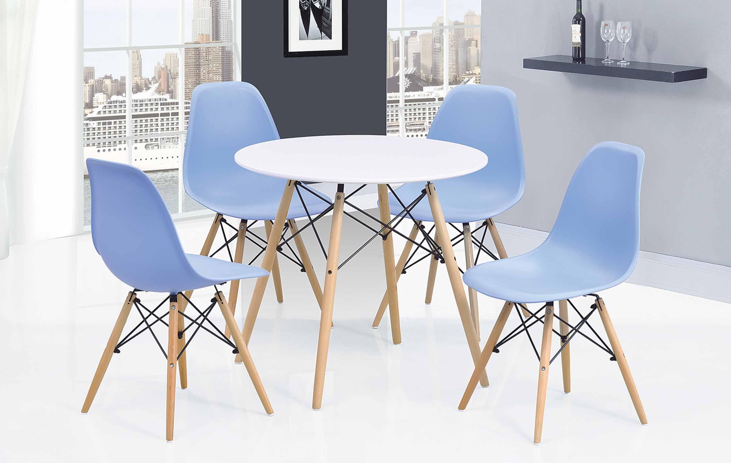 

    
ESF 902-DT 971-DC Modern Casual Round Dining Table & Blue Chairs Dining Set 5Pcs
