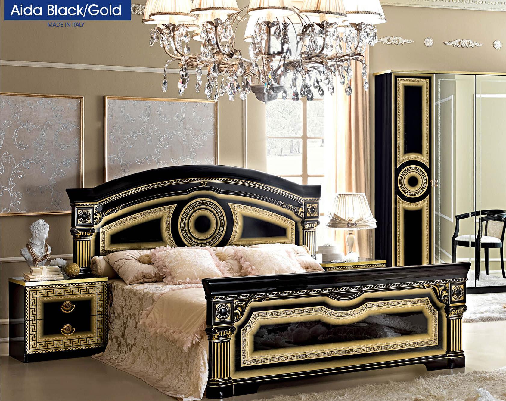 

    
Black Gold Lacquer Finish Queen Bedroom Set 3Ps Made in Italy ESF Aida
