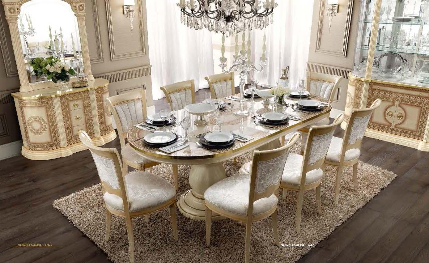 Traditional Dining Table Set Aida EFS-Aida-DT-7PC in Ivory, Gold Fabric