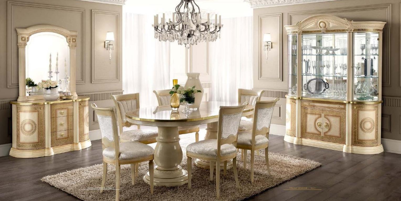 Traditional Dining Table Set Aida EFS-Aida-DT-8PC in Ivory, Gold Fabric