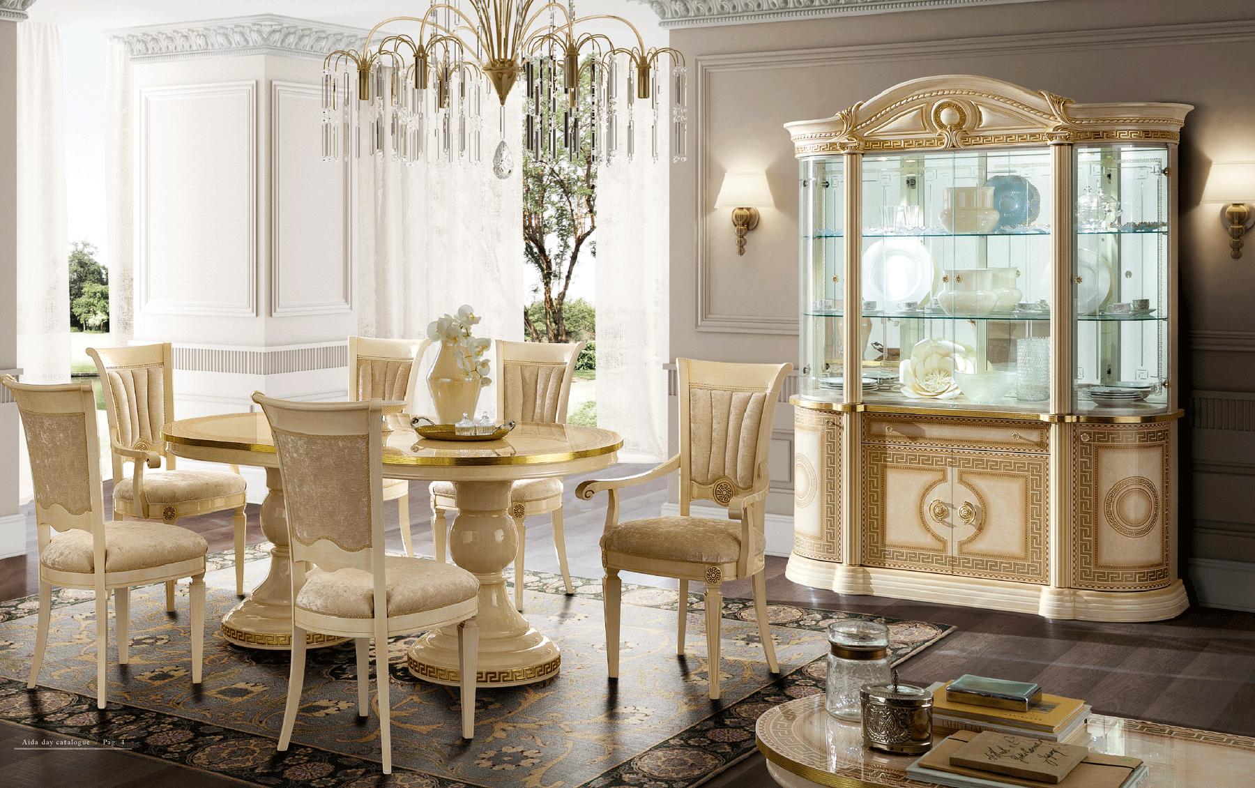 

    
Classic Glossy Ivory & Gold Lacquer Dining Room Set 8 Pcs Made in Italy ESF Aida
