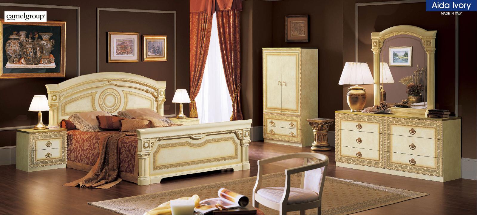 

    
 Shop  Lacquer Finish King Bedroom Set 5Pcs Made in Italy ESF Aida Ivory Gold
