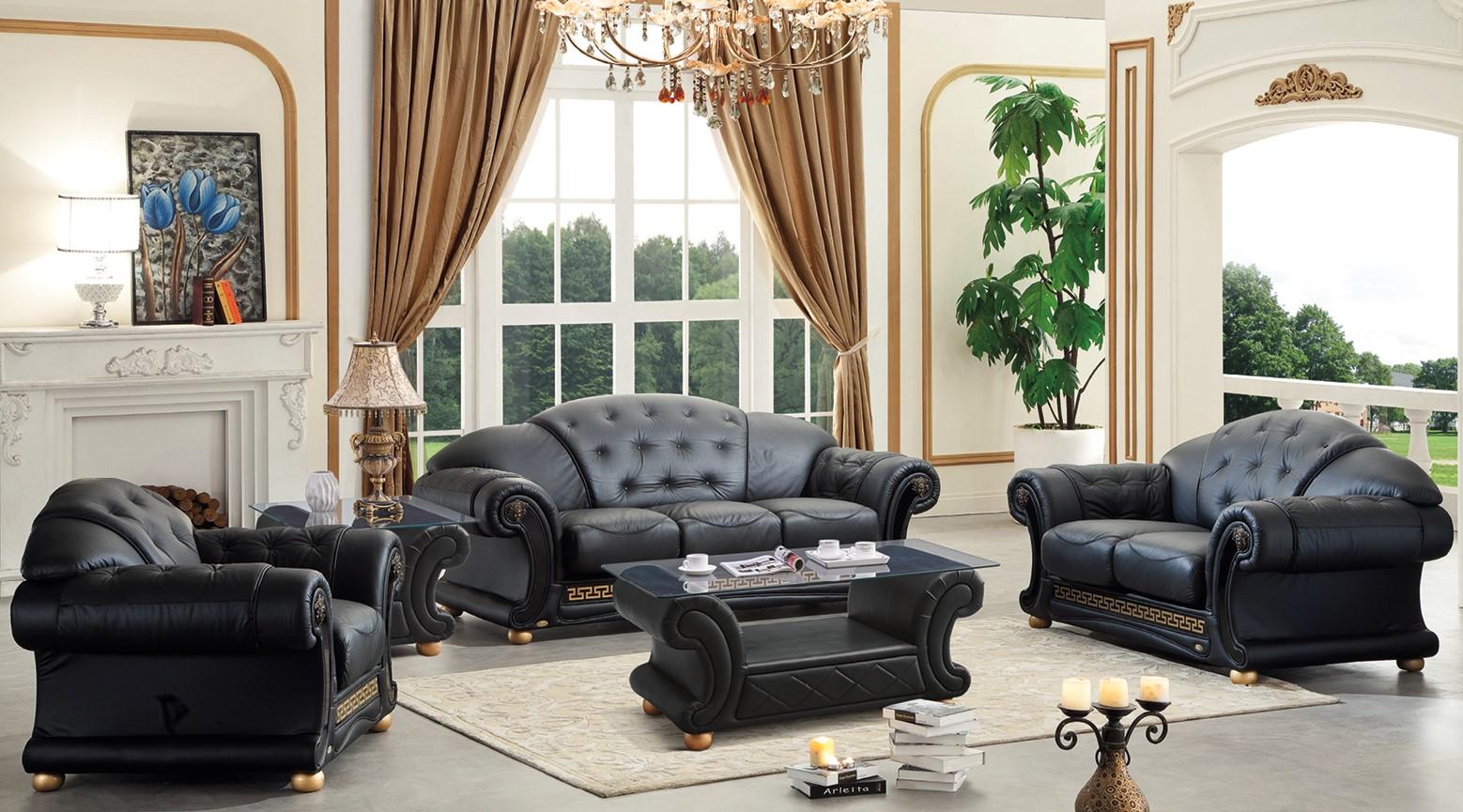 

    
Black Genuine Leather Sofa Set w/Coffee Table 4Pcs Traditional Made in Italy ESF Apolo
