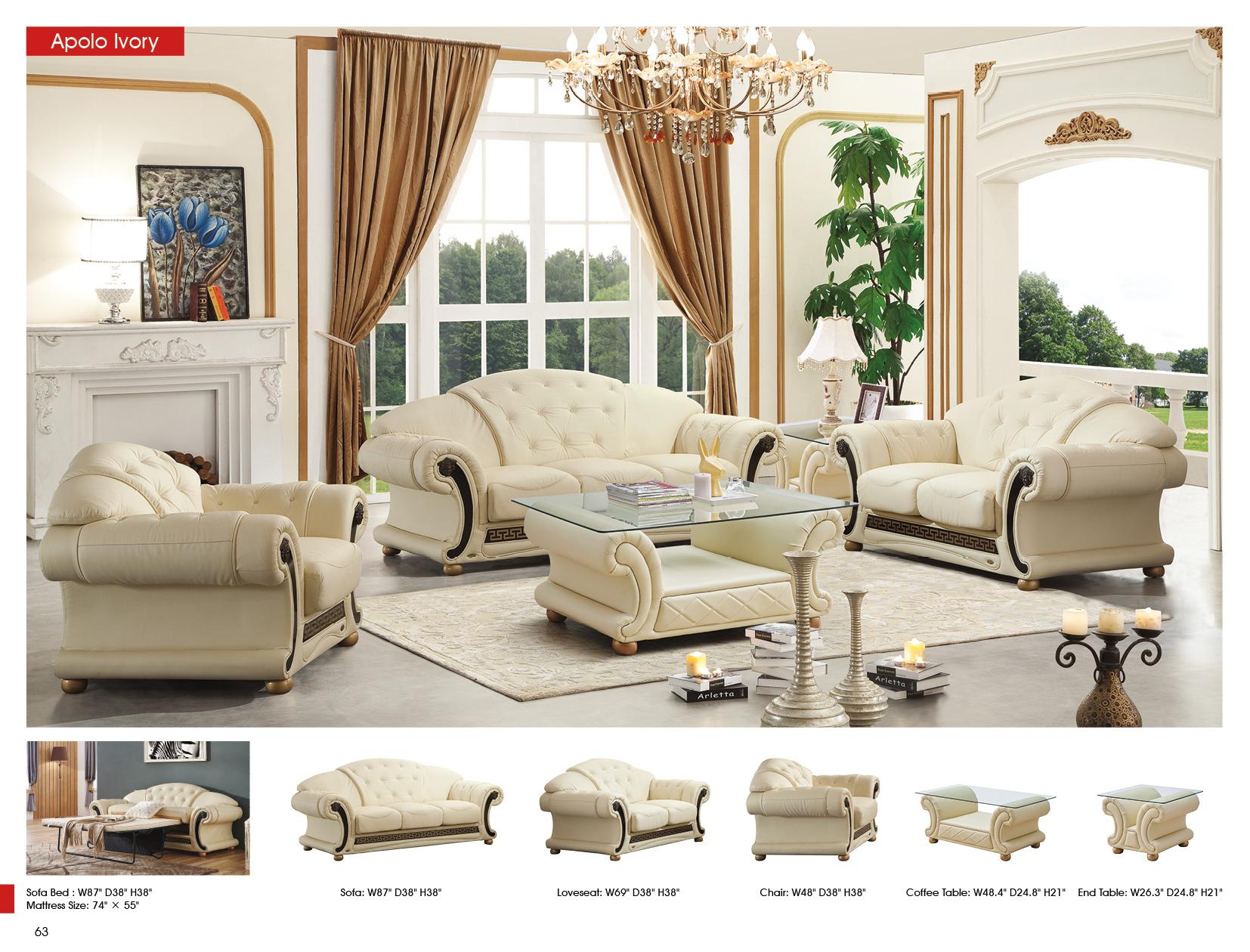 

    
 Order  Ivory Genuine Leather Sofa-Bed Set w/Coffee Table 4Pcs Traditional Made in Italy ESF Apolo
