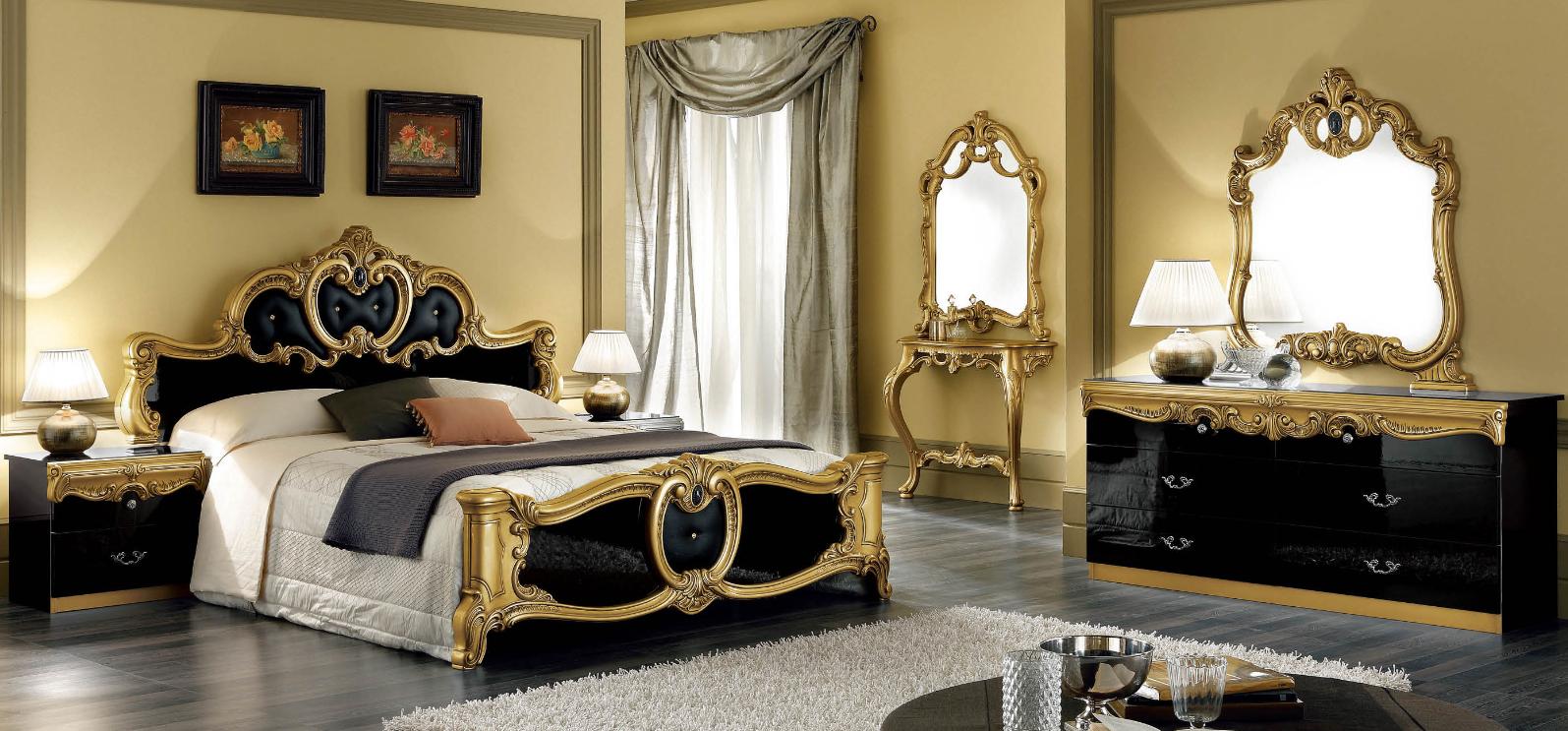 

    
ESF Barocco Luxury Glossy Black Gold King Bedroom Set 5 Classic Made in Italy
