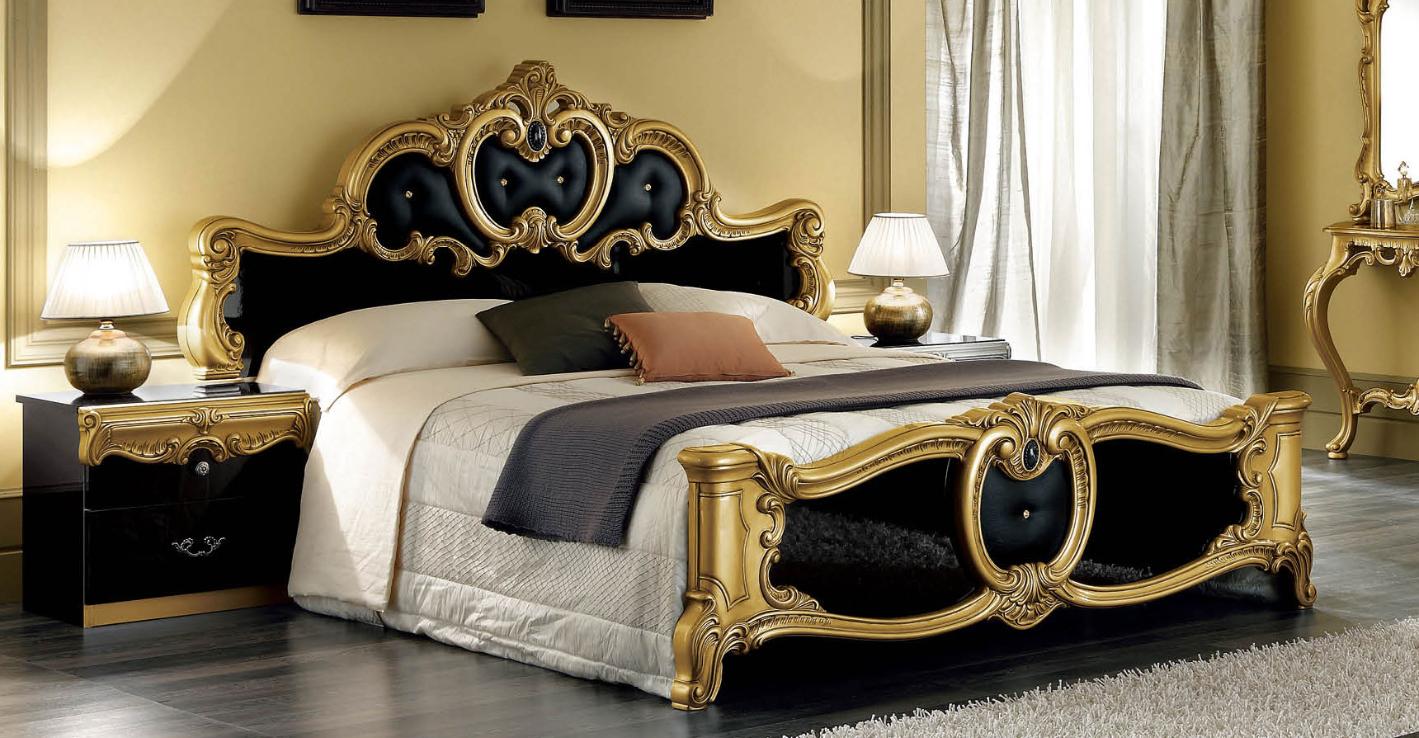 

    
ESF Barocco Luxury Glossy Black Gold Queen Bedroom Set 5 Classic Made in Italy
