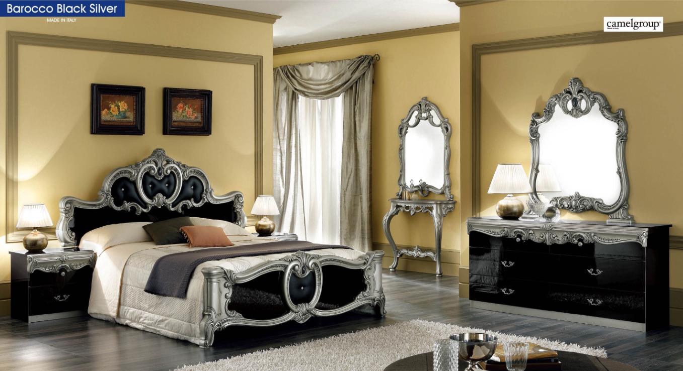 

    
ESF Barocco Luxury Glossy Black Silver King Bedroom Set 5 Classic Made in Italy
