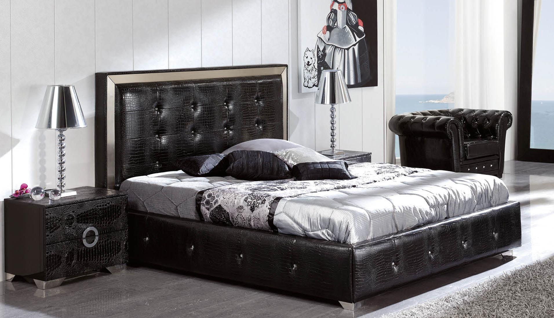 

    
ESF Coco Contemporary Luxury Black Leather Lacquer Queen Size Bedroom Set 3Pcs

