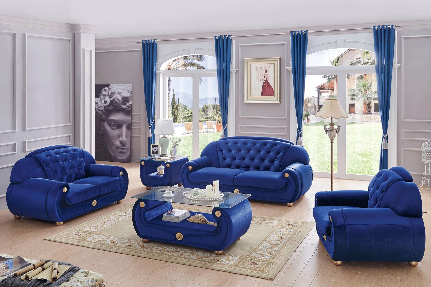 Contemporary Sofa Loveseat and Chair Set Giza ESF-Giza-3PC in Blue Velour Fabric