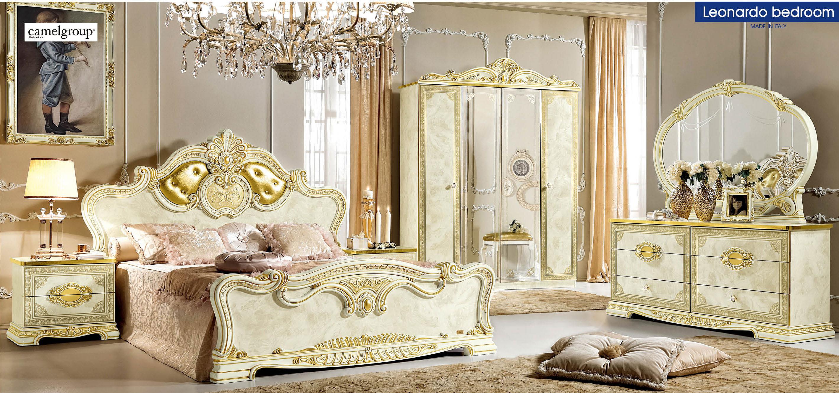 Classic Panel Bedroom Set Leonardo ESF-Leonardo-EK-2NDM-5PC in Ivory, Gold Faux Leather